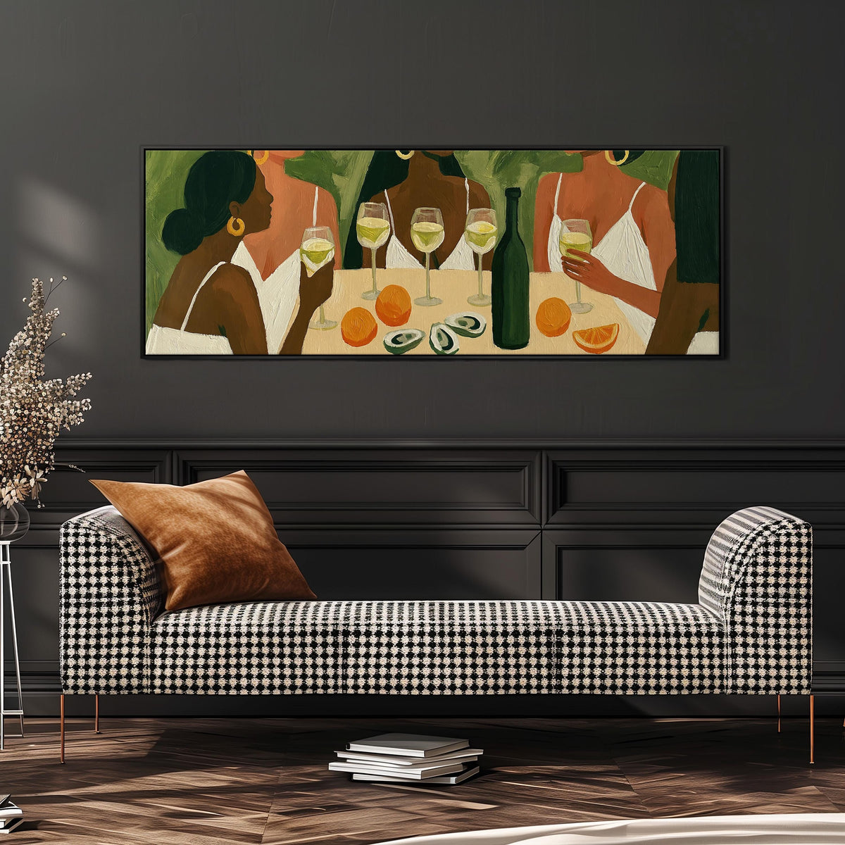 Friends toasting with white wine wide panoramic canvas print above a bench in a dark living room