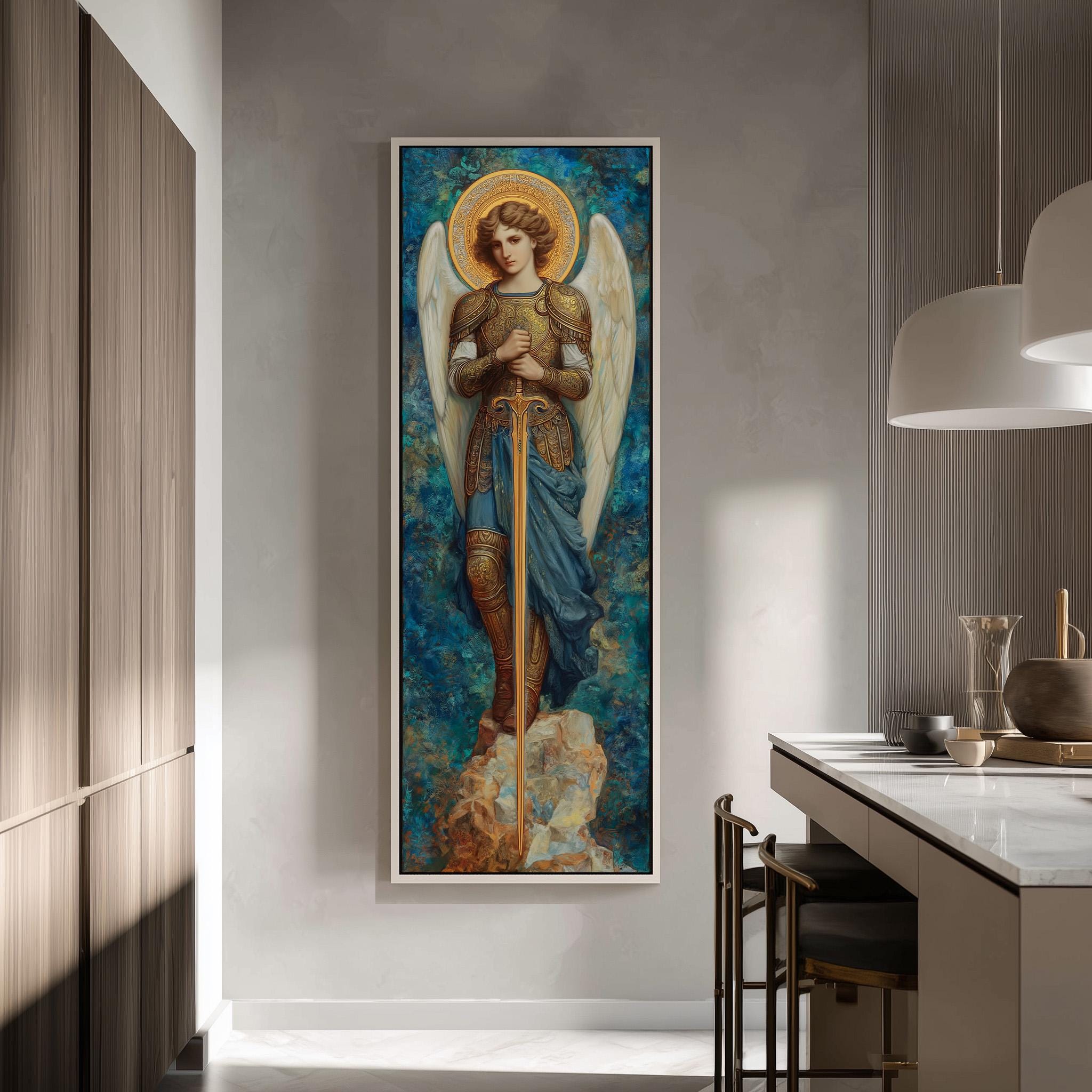 a large painting of a woman with wings, standing in a room with a wooden cabinet and a countertop.