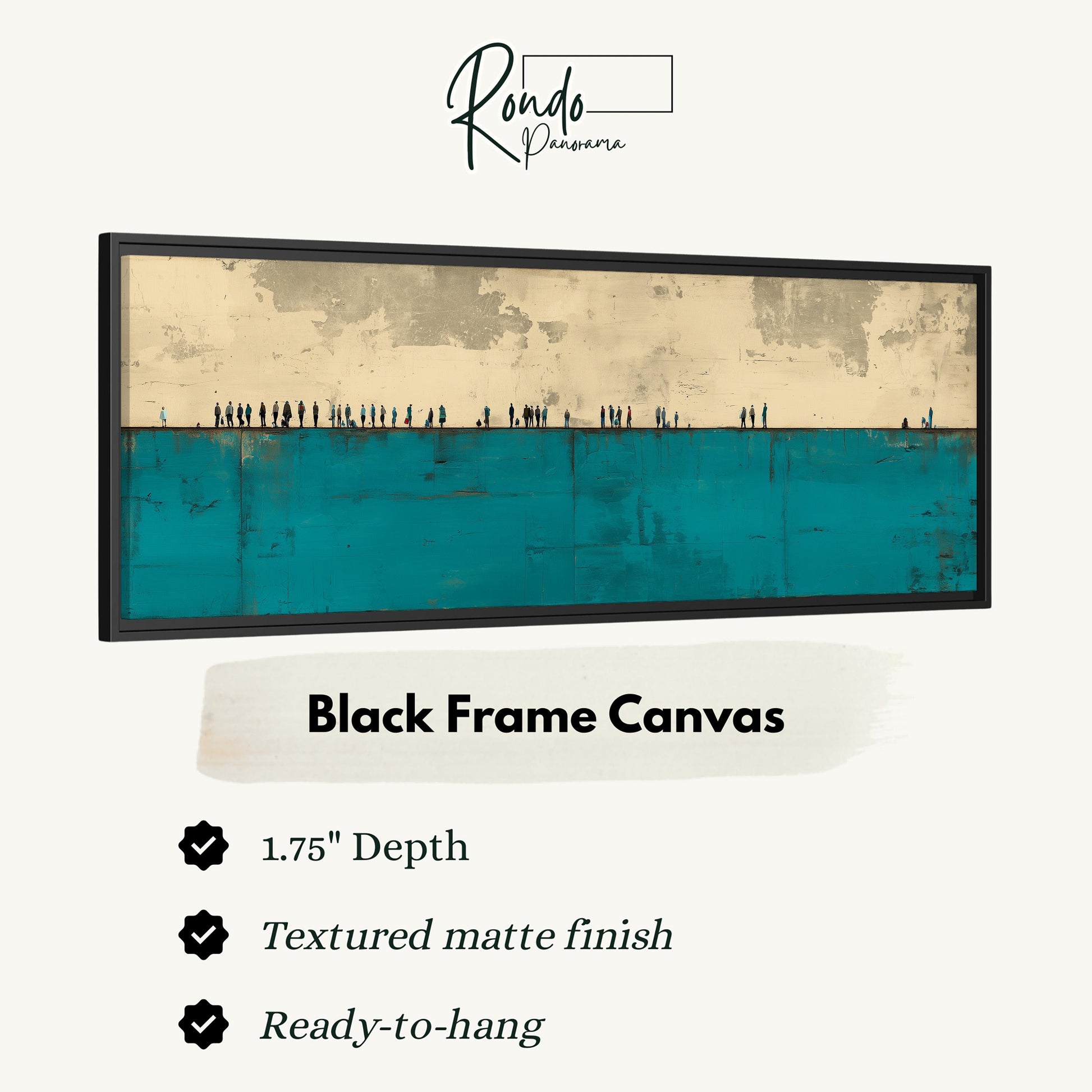 The image is a black frame canvas with a teal background depicting a group of people standing on a beach.
