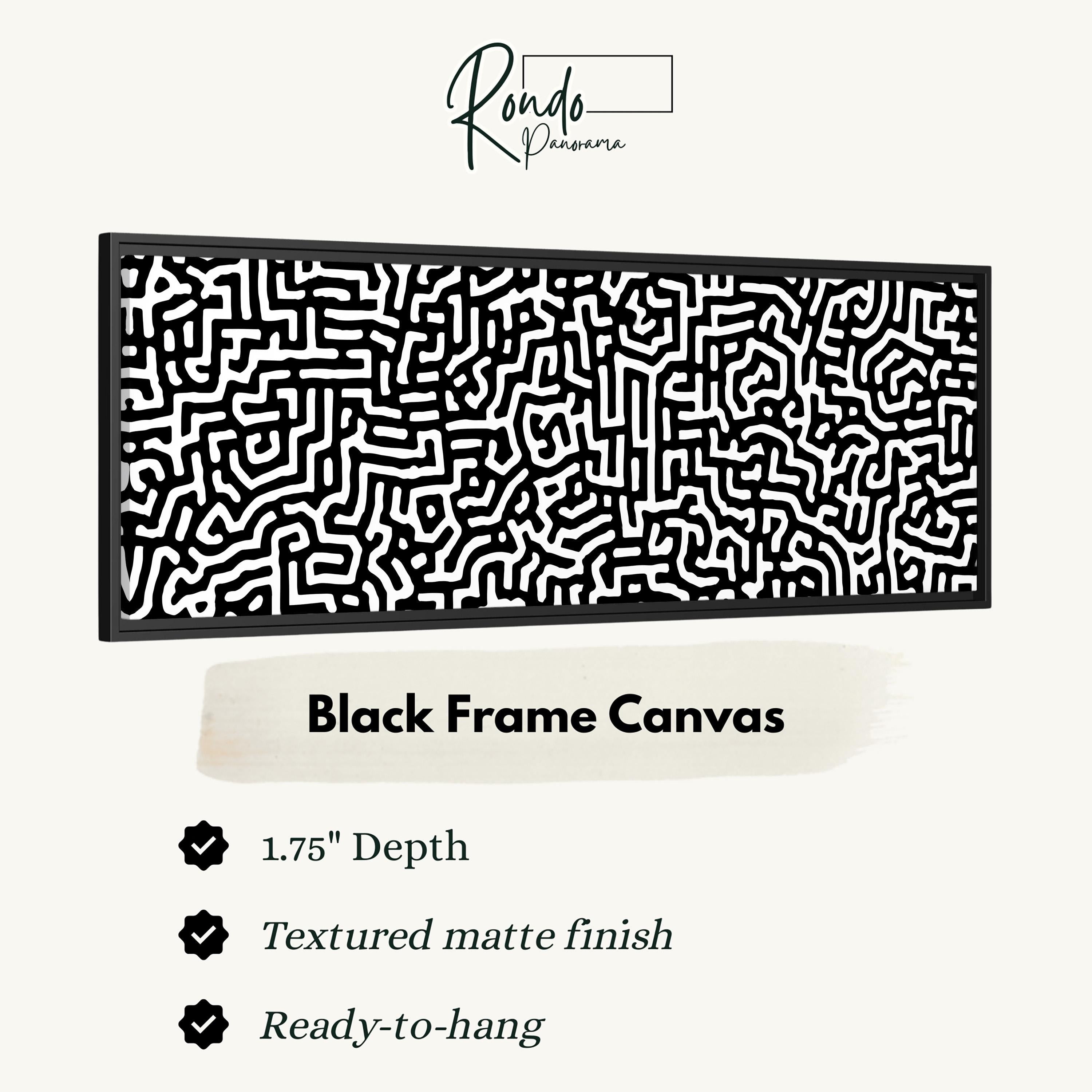 a black frame canvas with a black and white abstract design.