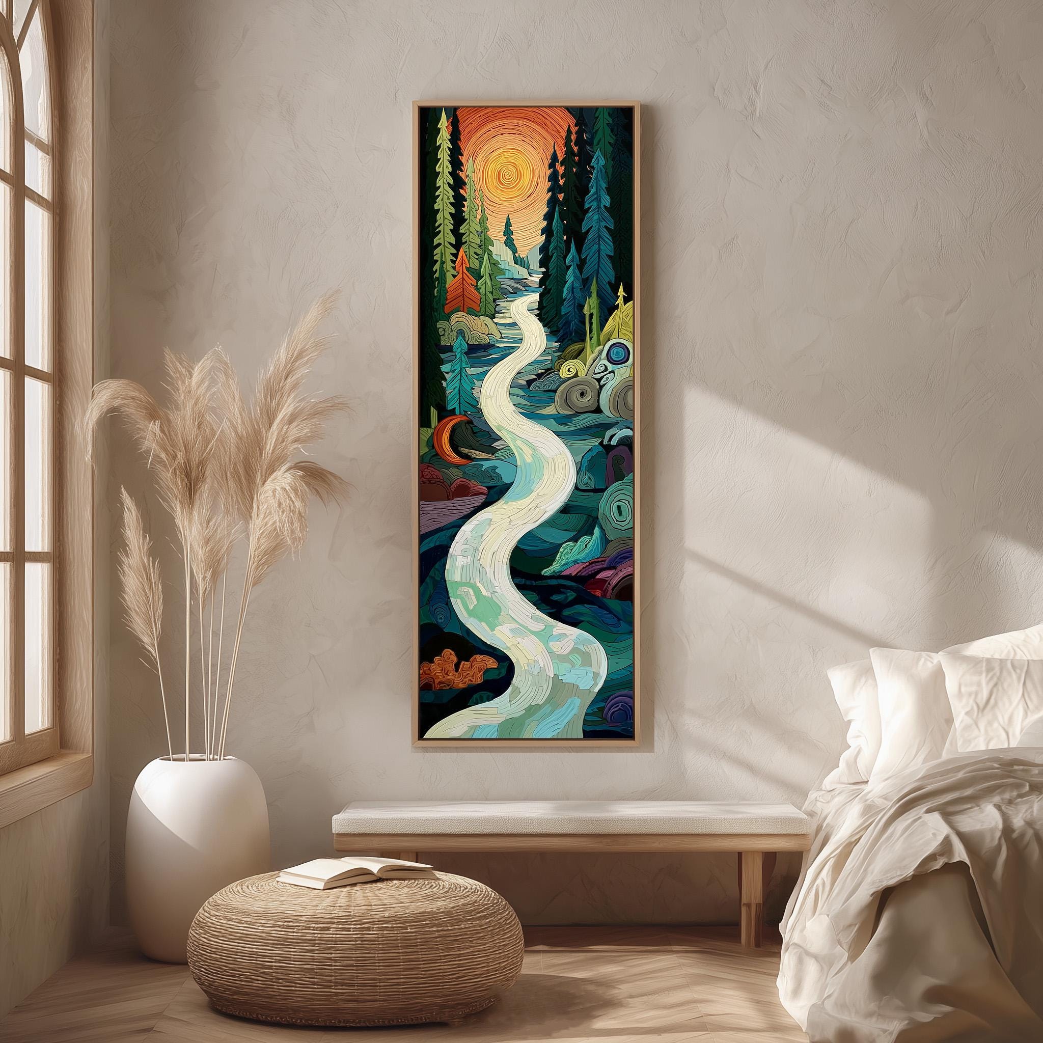 a large, colorful painting of a winding river surrounded by a forest, hanging on a wall in a room with a wooden floor and a white bed.