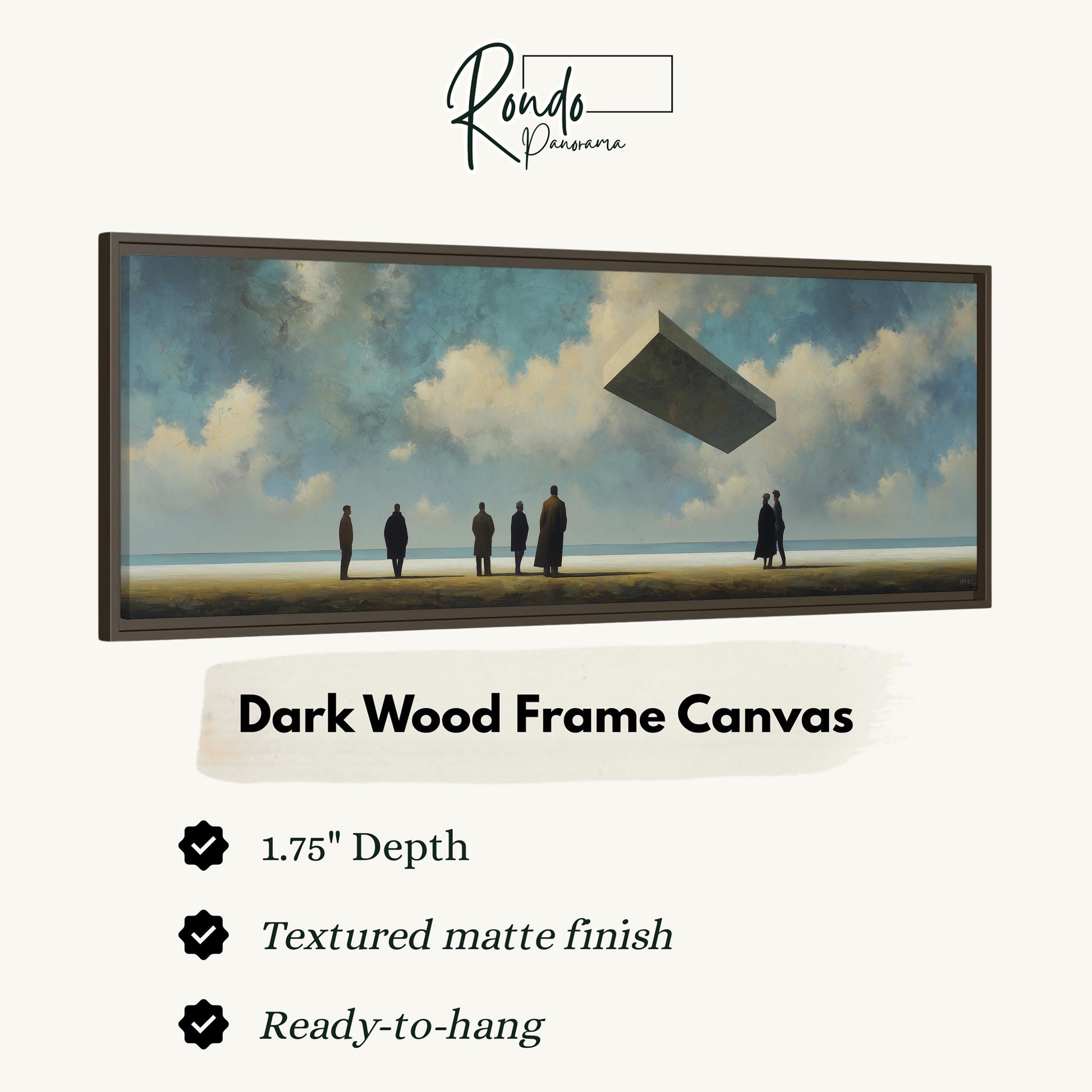 The image is a dark wood frame canvas depicting a group of people standing on a beach with a large object flying overhead.