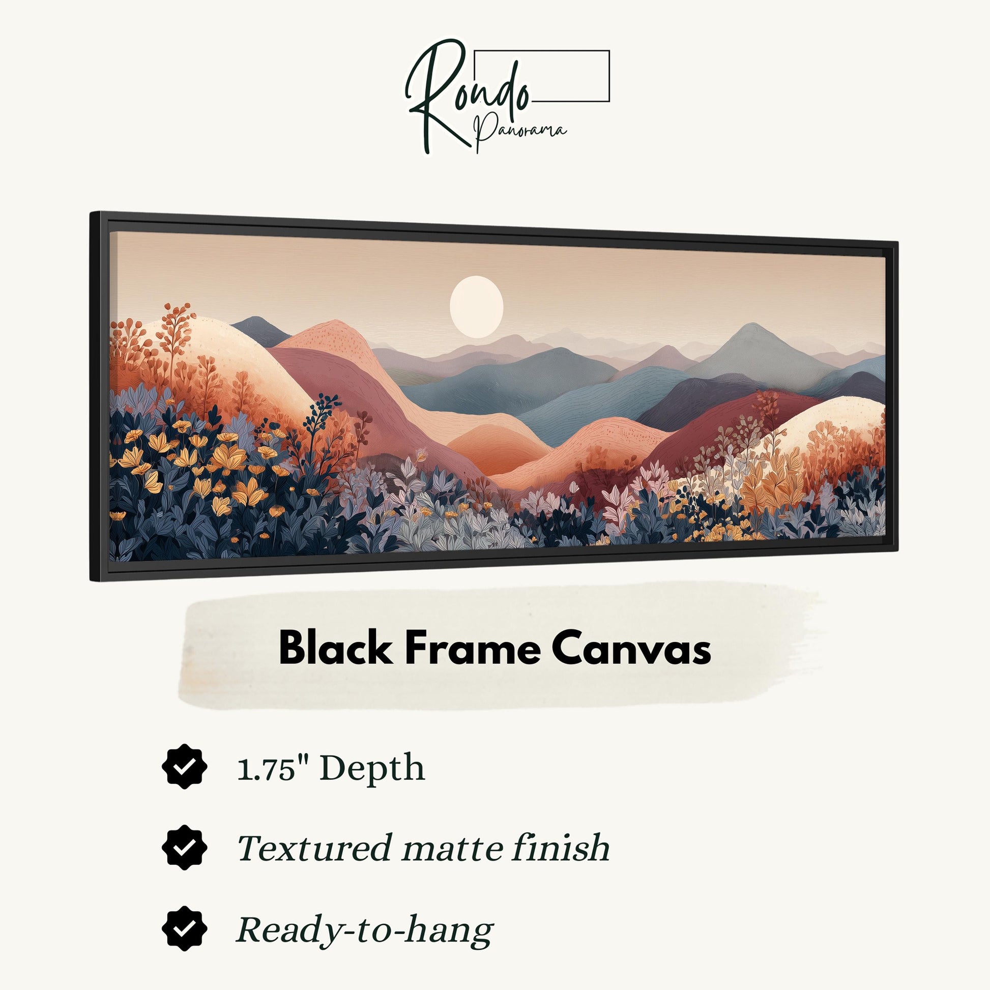 The image is a black frame canvas depicting a mountainous landscape with a full moon in the sky.