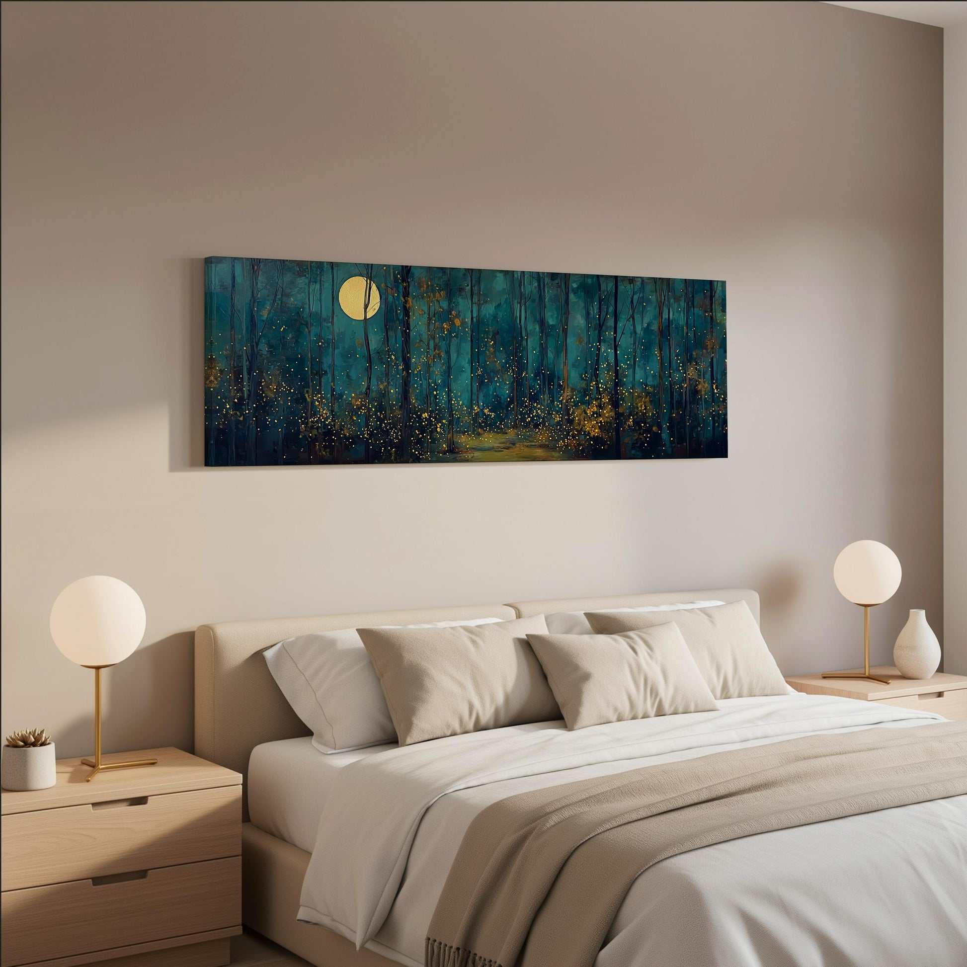 a serene bedroom scene with a large bed, two nightstands with lamps, and a painting of a forest with a full moon in the background.