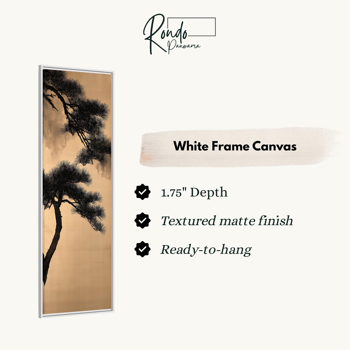 Pine branch silhouette on gold canvas print in a white floating frame