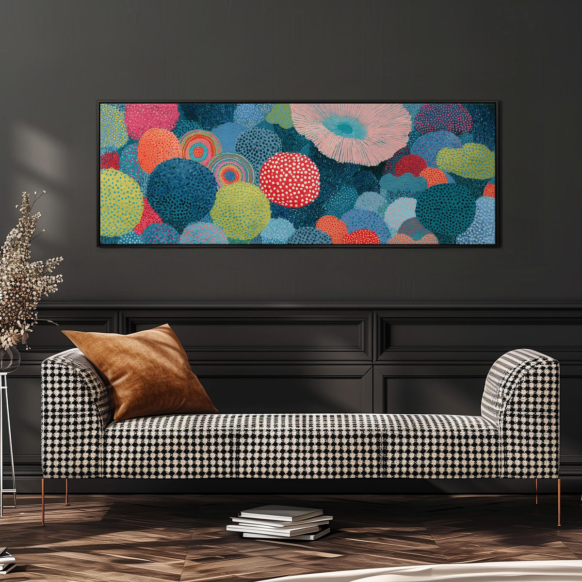 Coral spirals and dotted circles wide panoramic canvas print above a bench in a dark living room