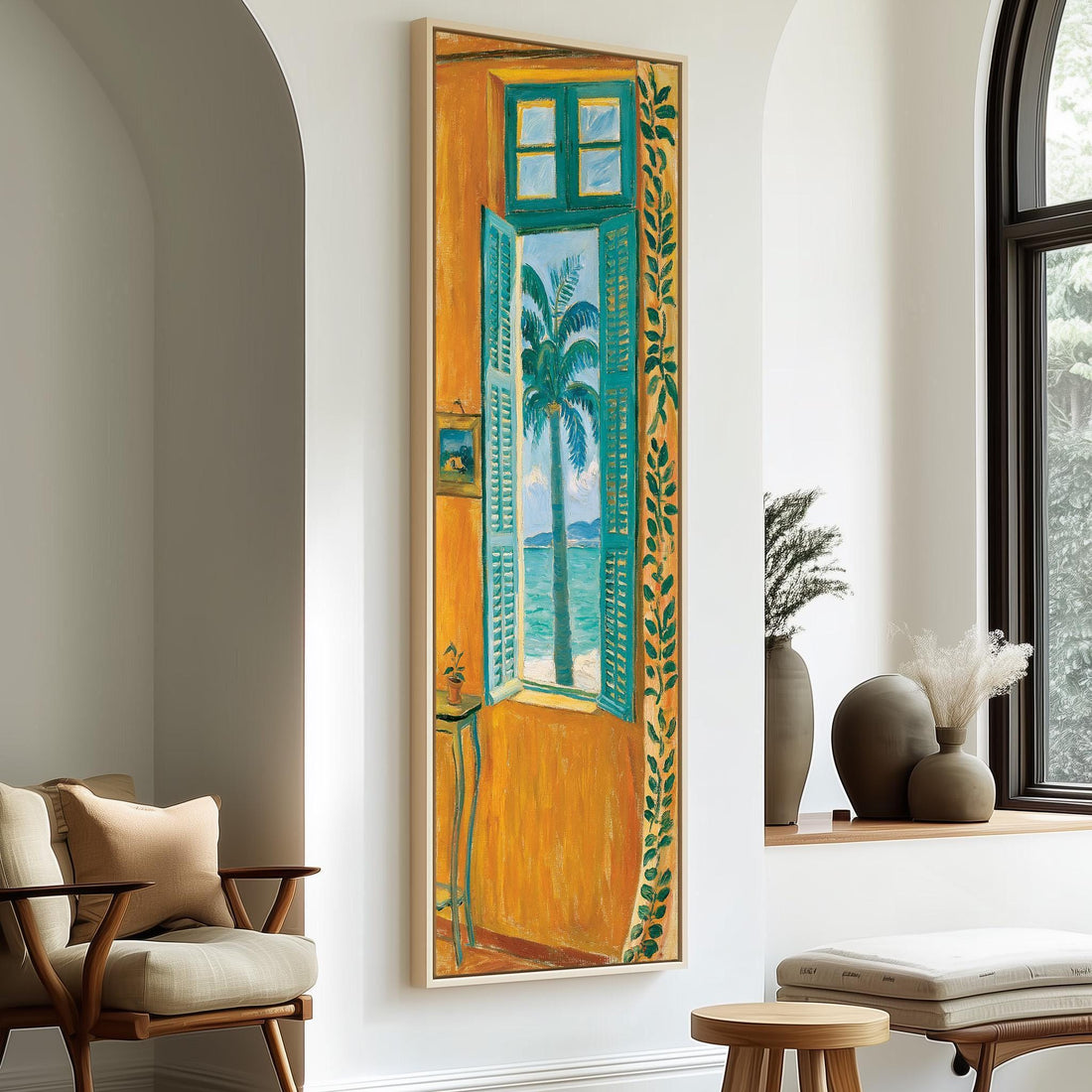 Palm tree and ocean through a yellow room window long vertical canvas print in a sunlit living space