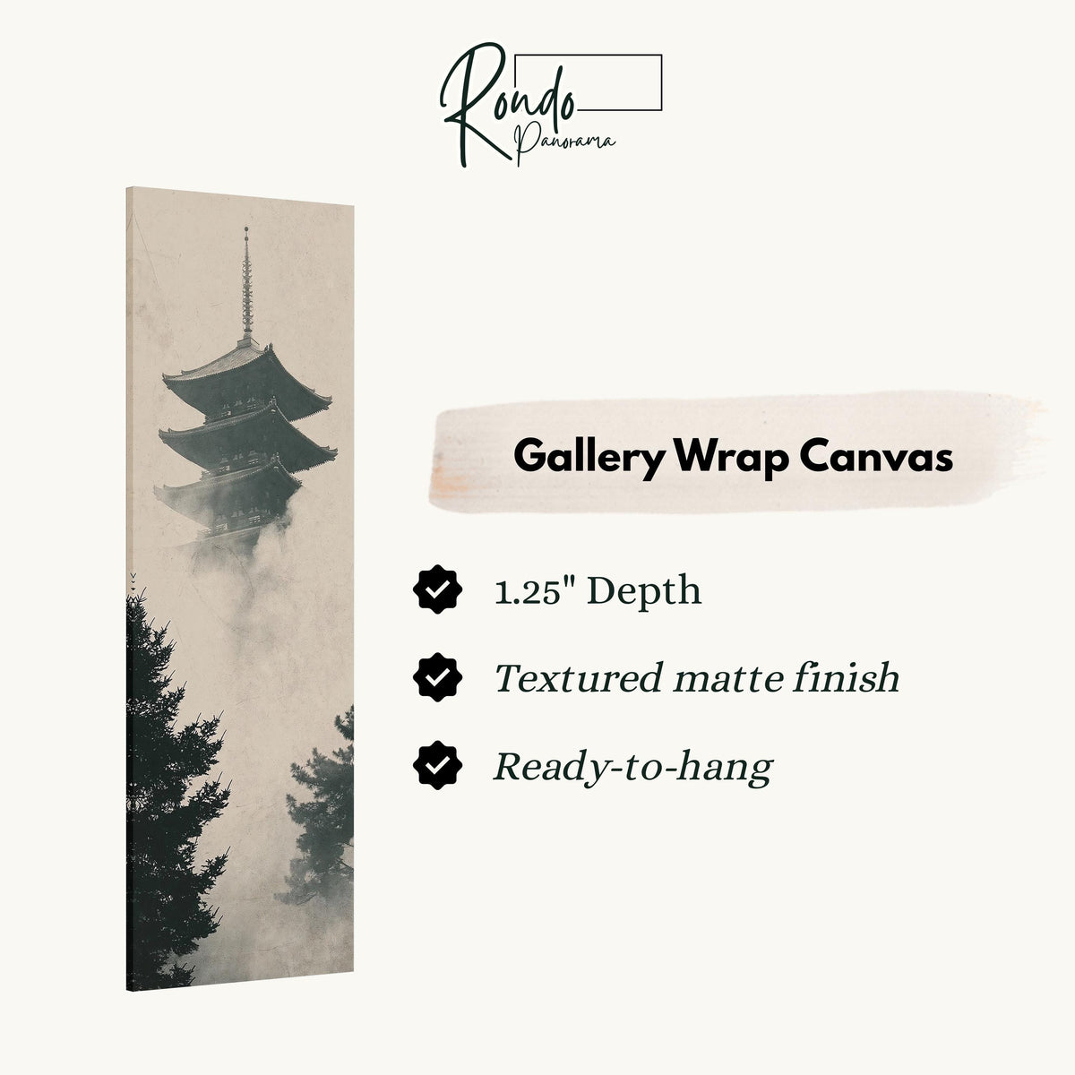 Pagoda rising through fog and pines gallery wrap canvas with the image wrapped around the edges
