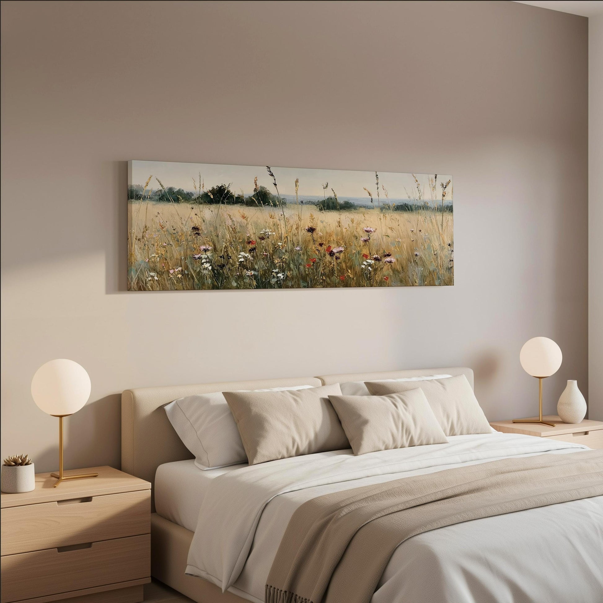 a serene bedroom scene with a large bed adorned with white linens and beige throw pillows. Above the bed, a painting of a field with tall grass and wildflowers hangs on the wall, creating a peaceful and natural atmosphere. The room is well-lit, with two round table lamps on either side of the bed providing soft, ambient lighting.