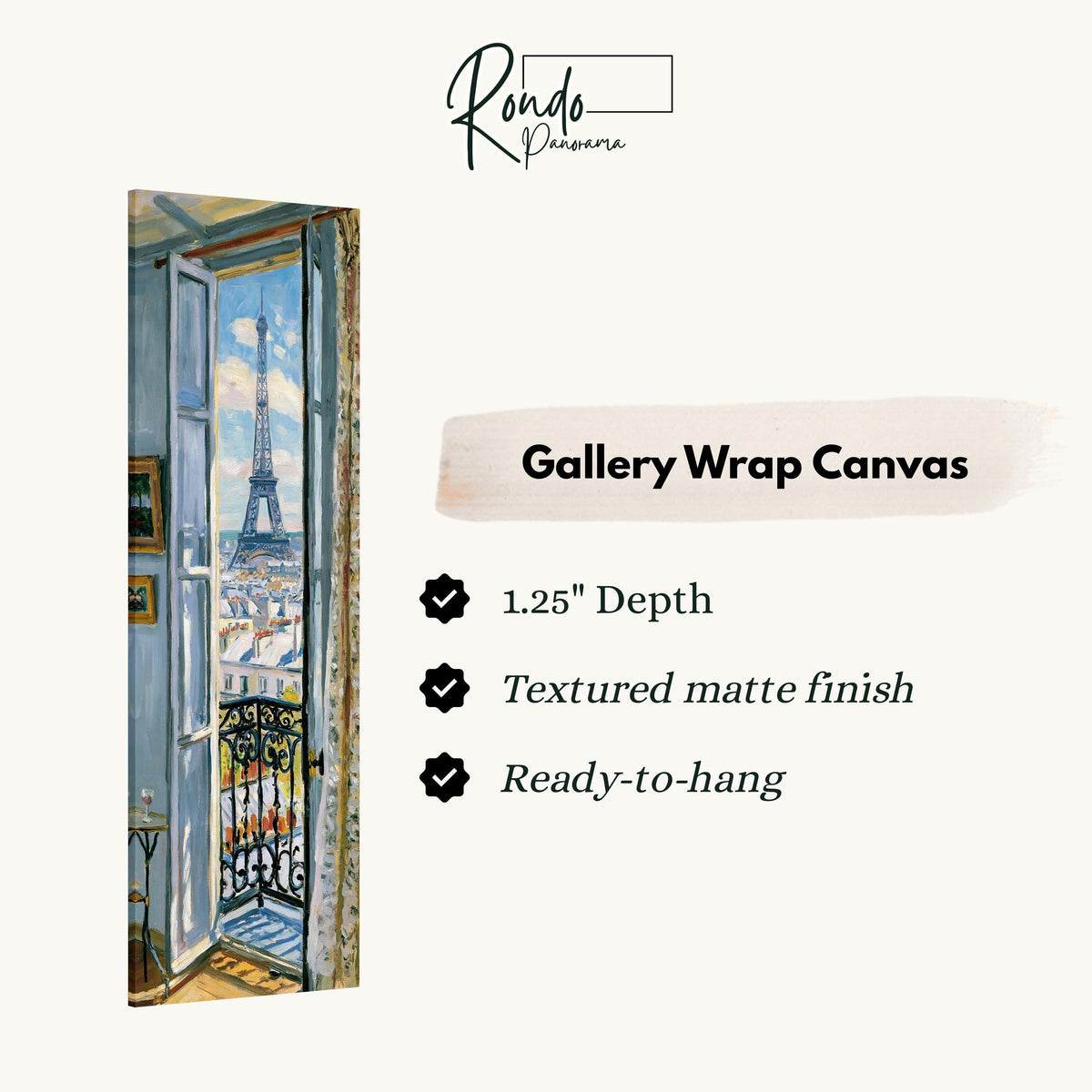 Eiffel Tower through a tall blue window gallery wrap canvas with the image wrapped around the edges