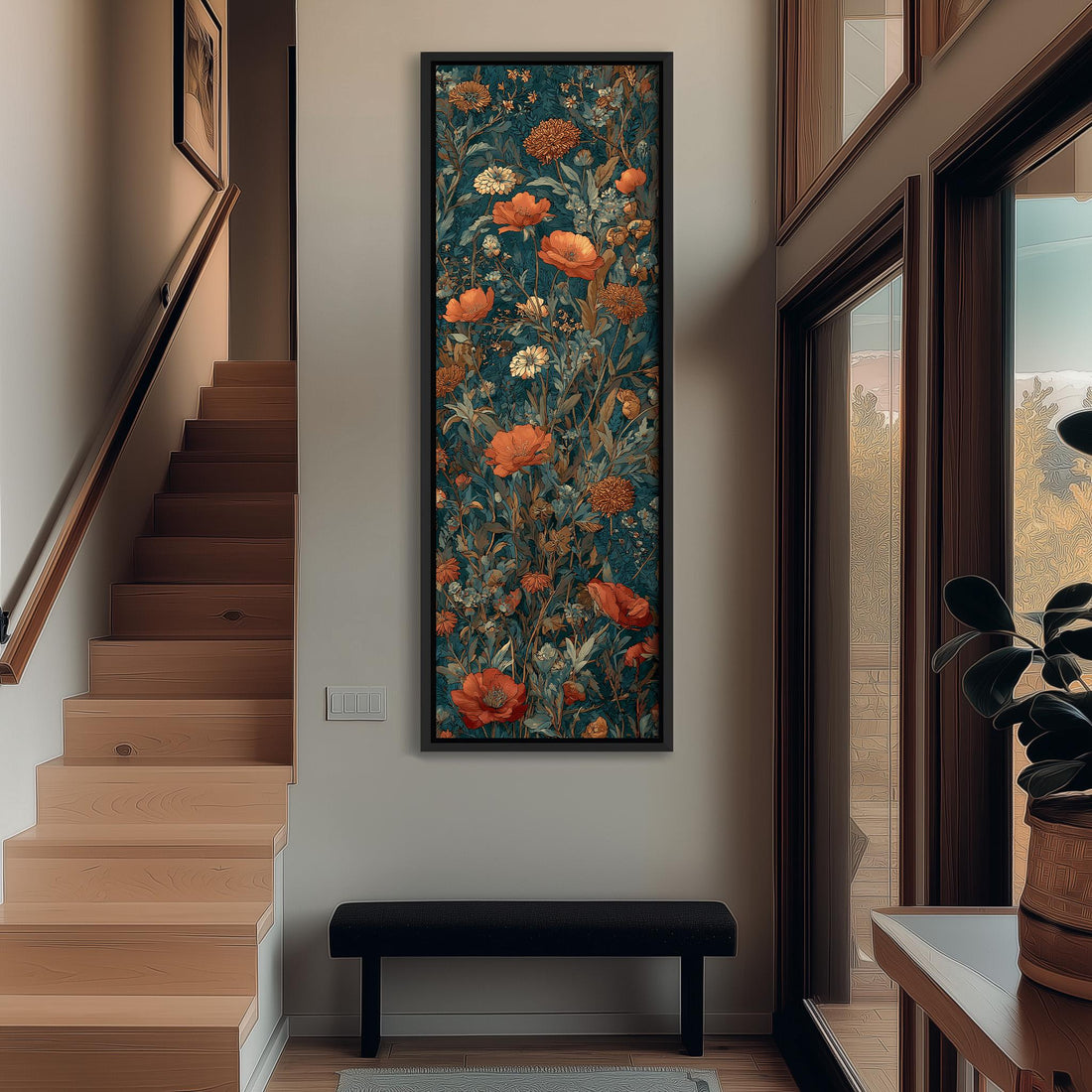 a hallway with a large floral painting hanging on the wall, a wooden staircase, a black bench, and a potted plant.