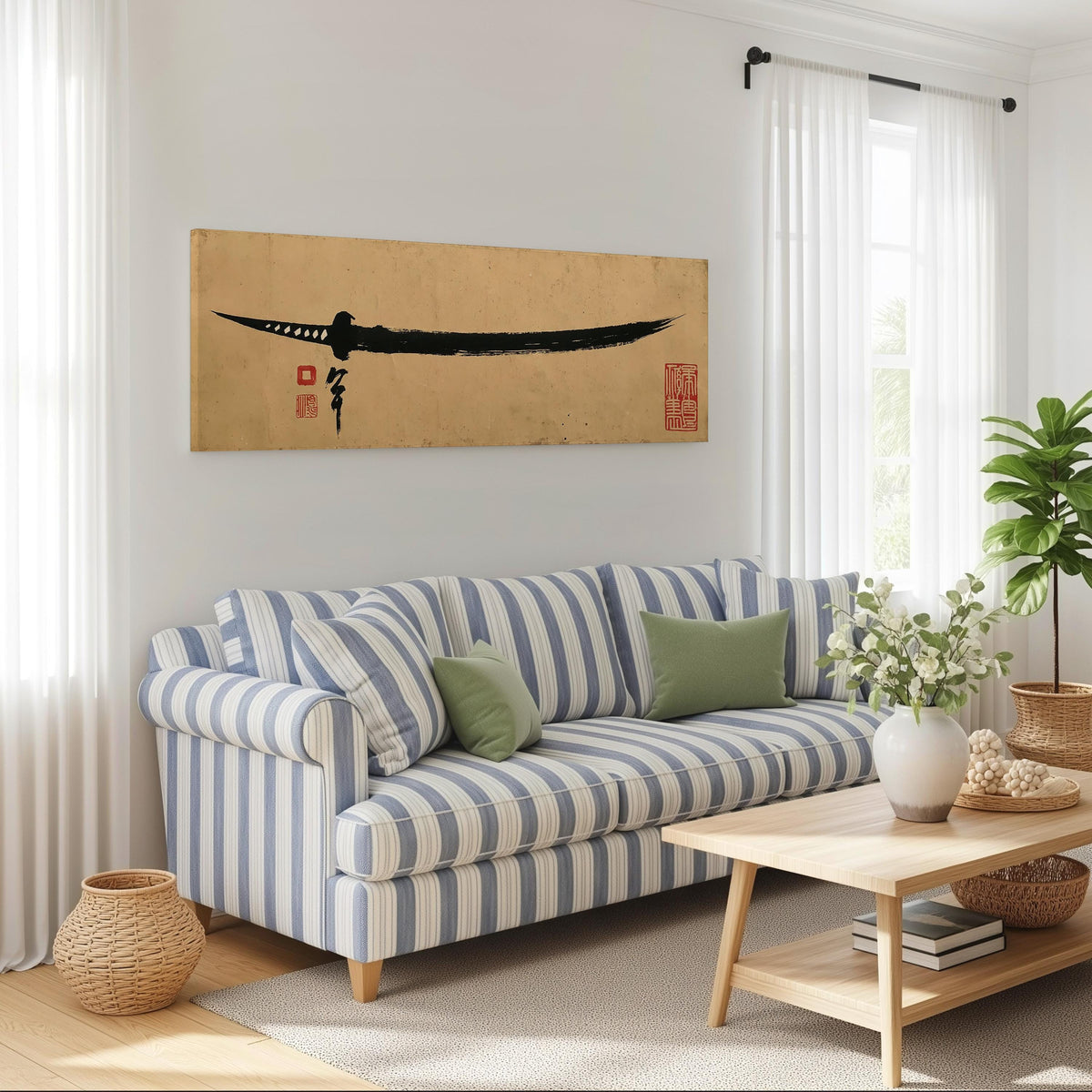 Ink brush katana long horizontal canvas print above a striped sofa in a coastal living room