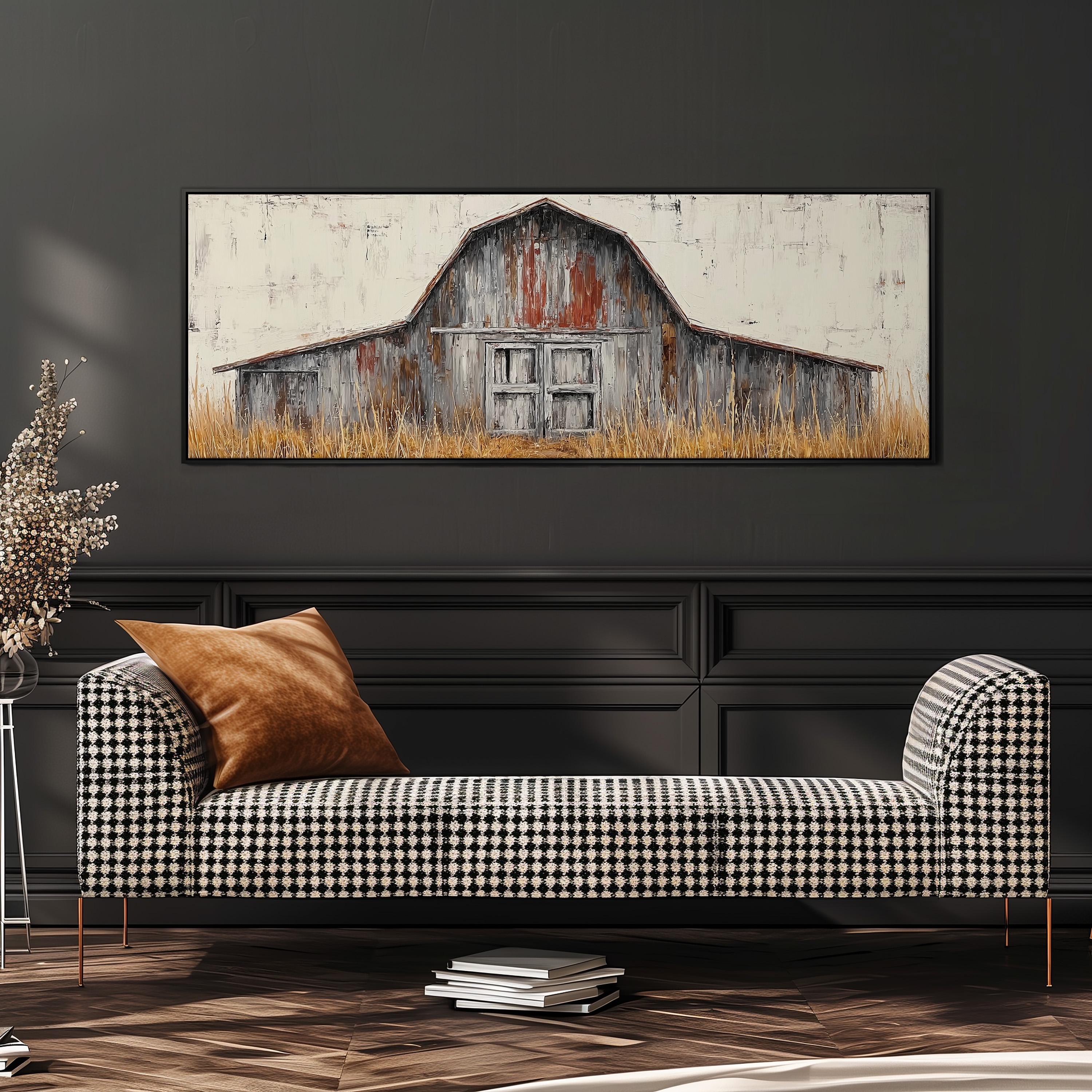 a black and white checkered sofa with a brown throw pillow, positioned in front of a large painting of a rustic barn.