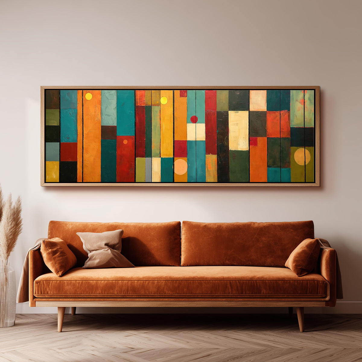 Color block panels with dots wide panoramic canvas print above a bench in a dark living room