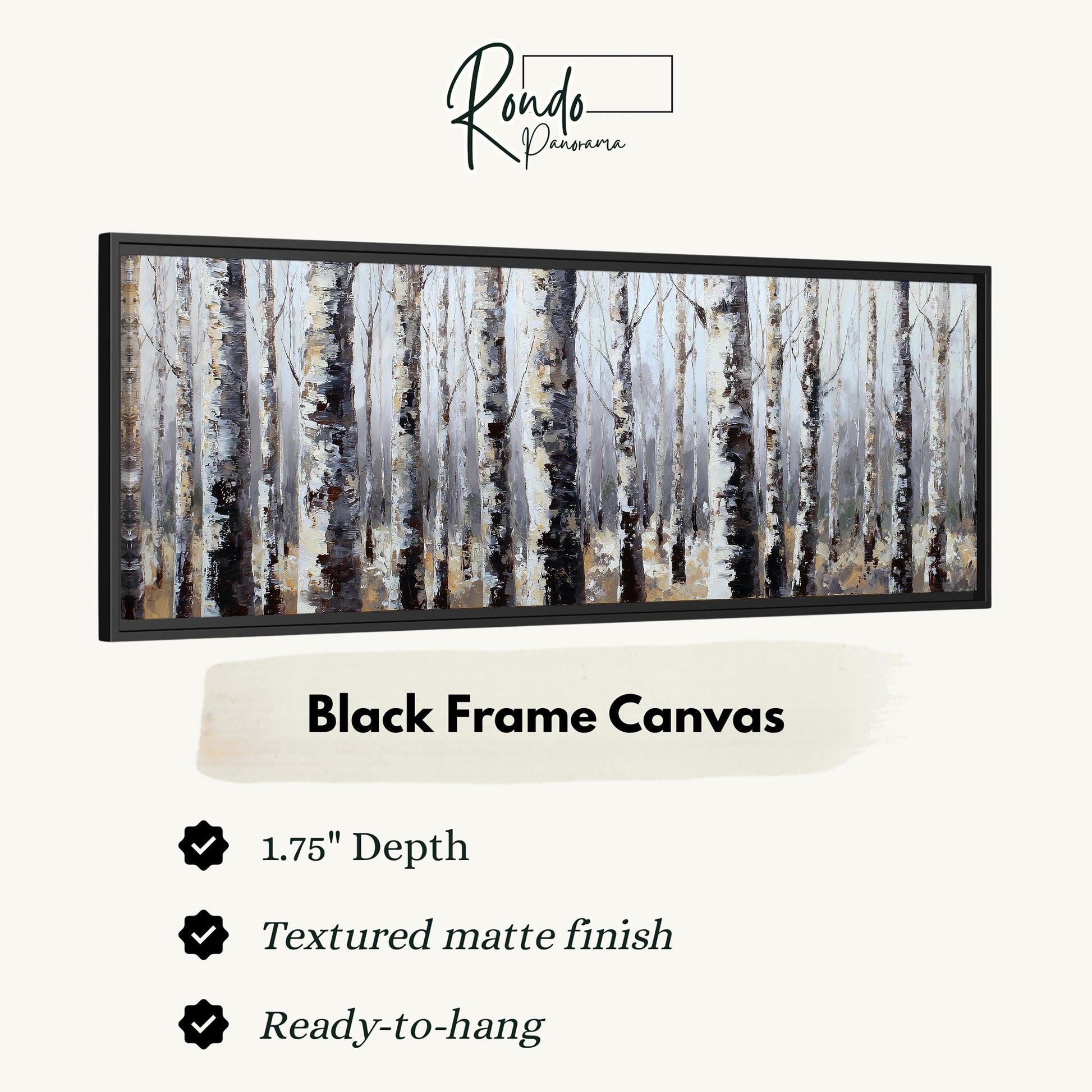 The image is a black frame canvas depicting a forest of birch trees with a textured matte finish.