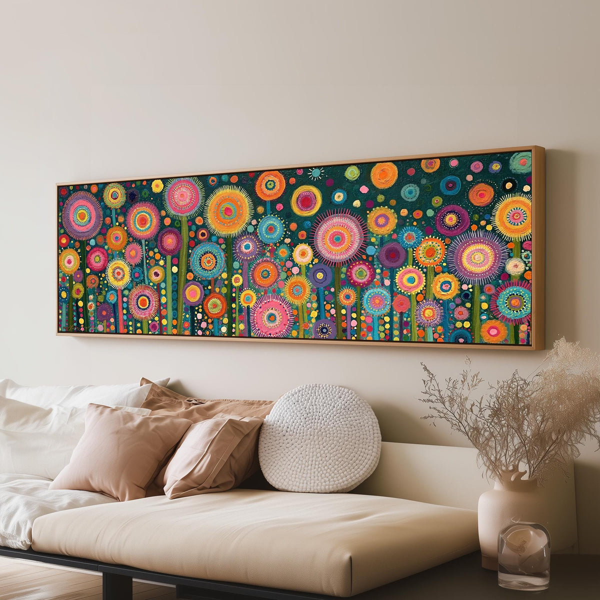 Circle flower garden on teal long horizontal canvas print above a sofa in a living room
