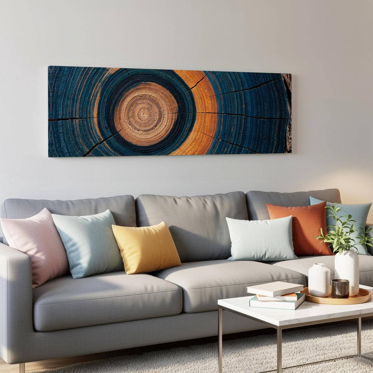 Teal and orange tree ring panoramic canvas print above a grey sofa in a living room