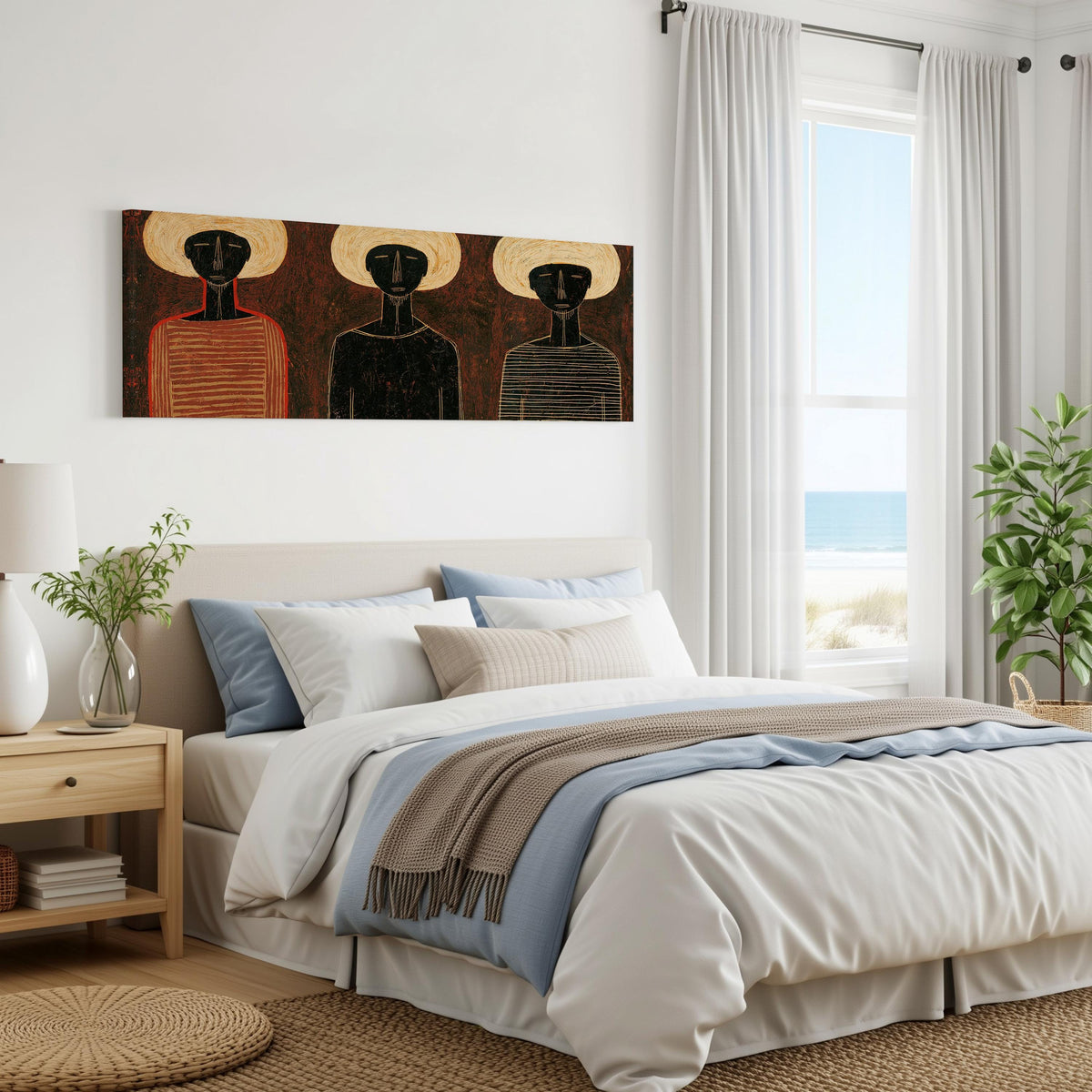 Three figures in striped shirts panoramic canvas print above a bed in a coastal bedroom