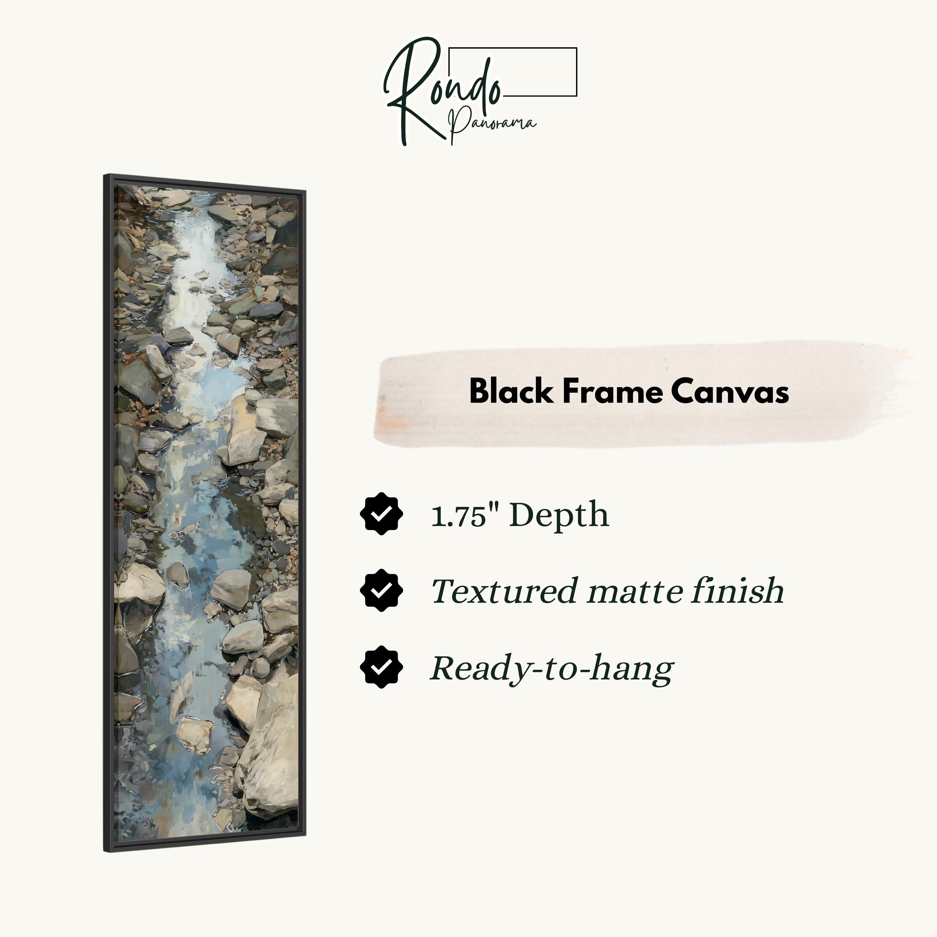The image is a black frame canvas depicting a river flowing through a rocky landscape.