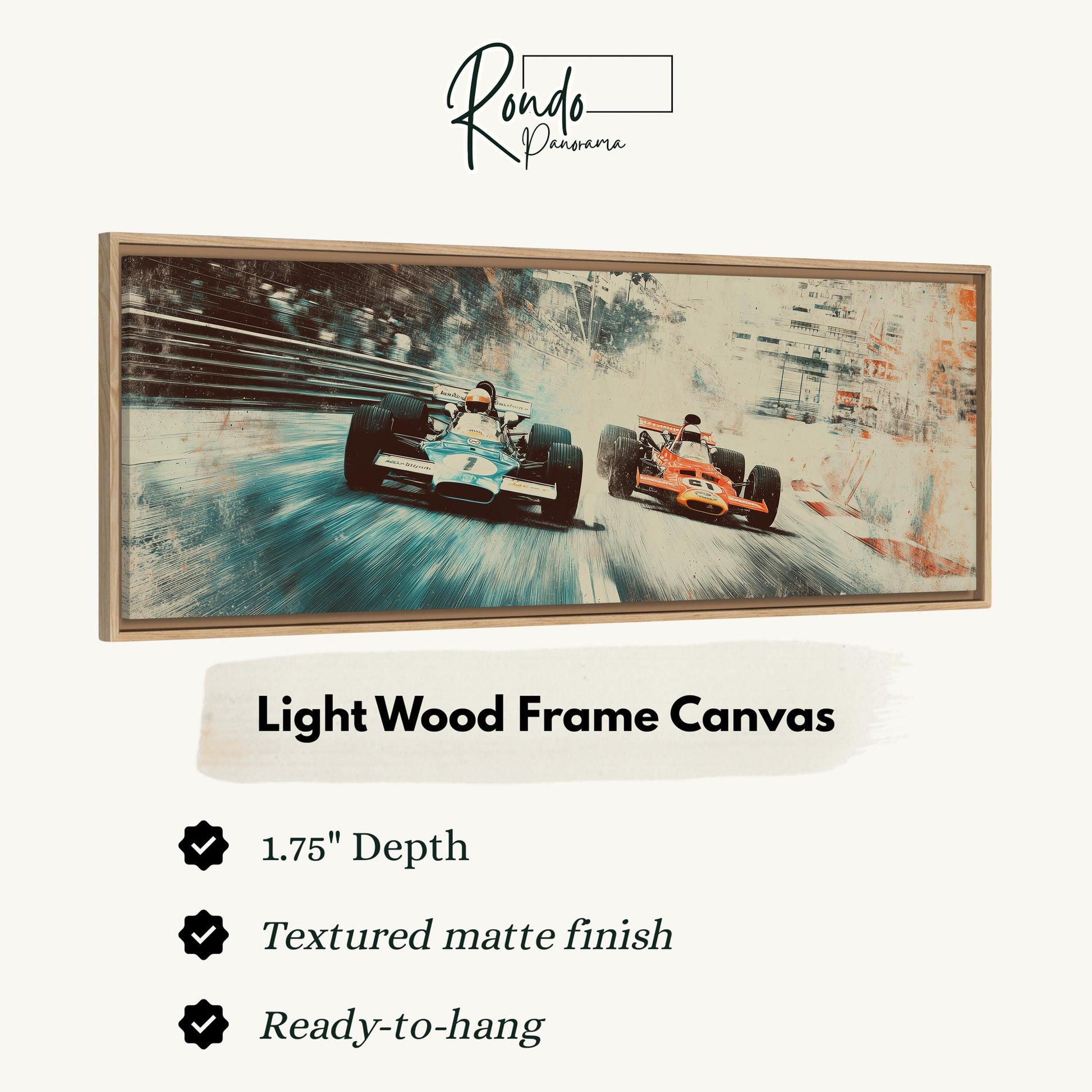 two Formula One race cars speeding down a track, with a light wood frame canvas hanging above it.