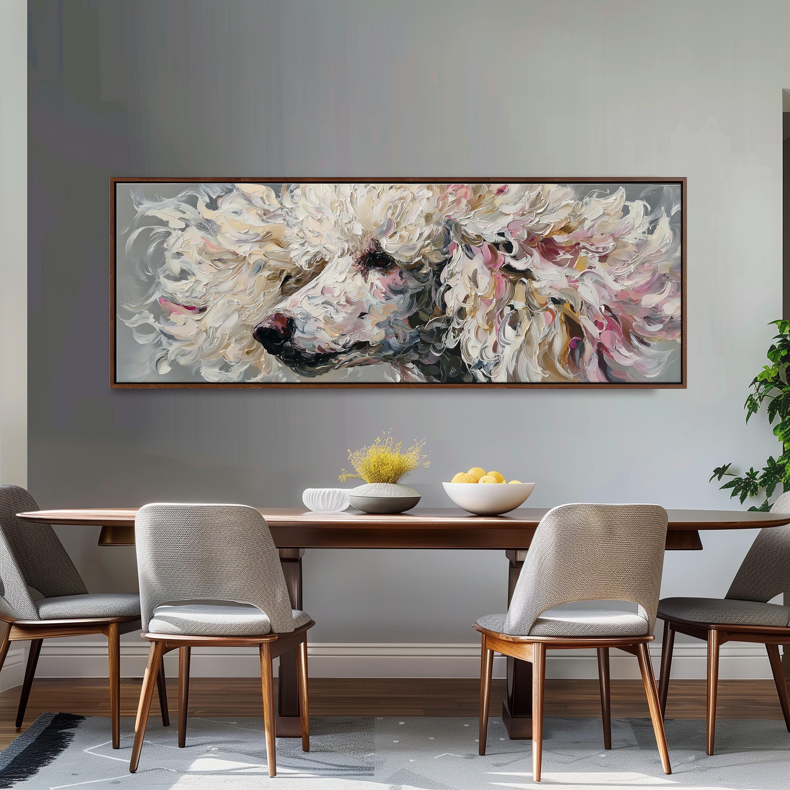a large, colorful painting of a poodle's face hanging on a wall above a wooden dining table with four chairs.