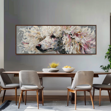 a large, colorful painting of a poodle's face hanging on a wall above a wooden dining table with four chairs.