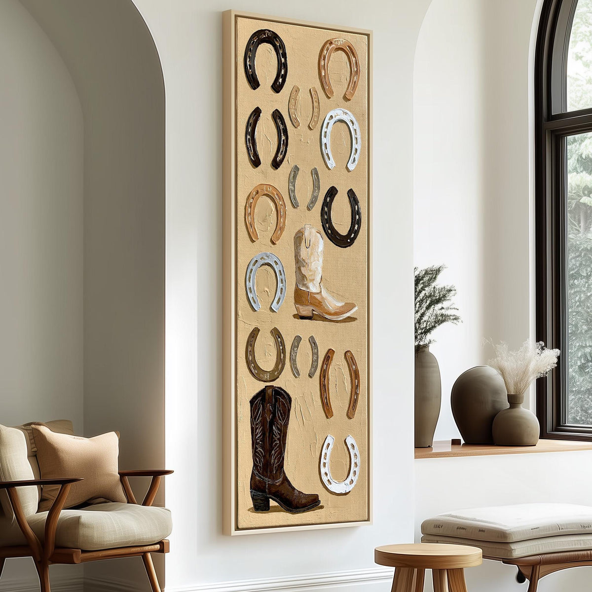 Horseshoes and cowboy boots flat lay long vertical canvas print in a sunlit living space