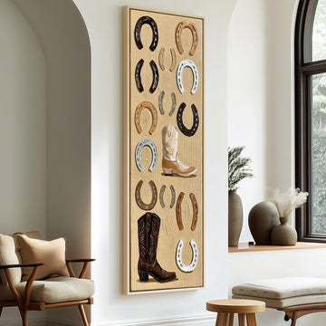 Horseshoes and cowboy boots flat lay long vertical canvas print in a sunlit living space