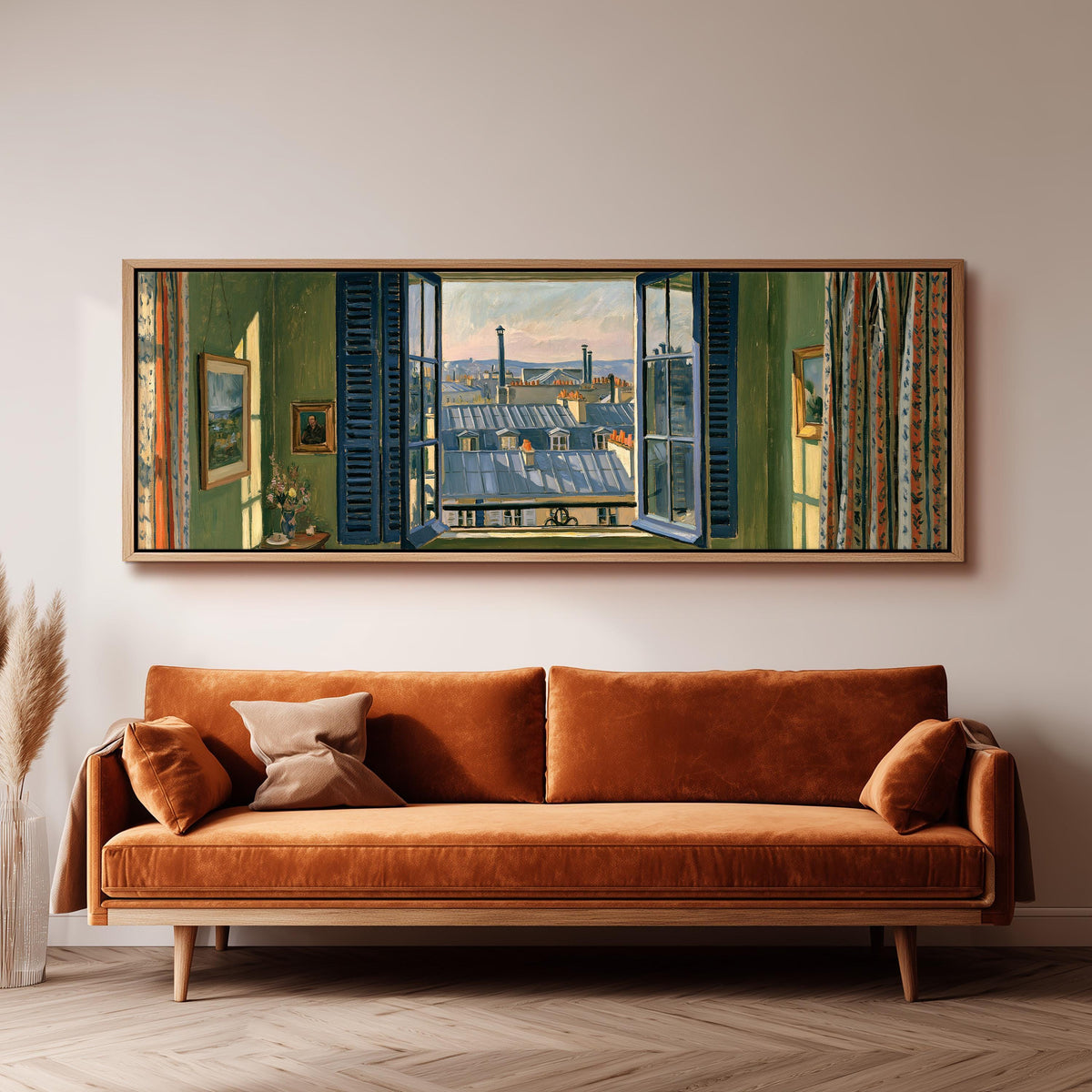 Paris zinc rooftops seen through a green room window panoramic canvas print above a sofa in a living room