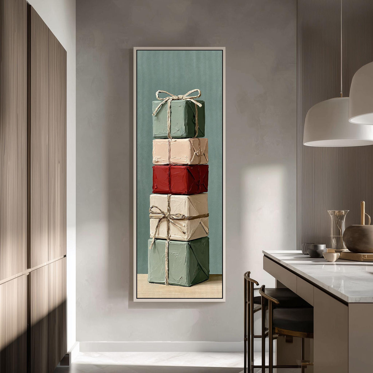 Stack of gifts tied with twine tall skinny canvas print in a modern kitchen