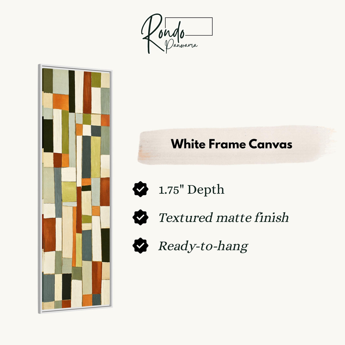 Muted sage, terracotta and cream block grid canvas print in a white floating frame