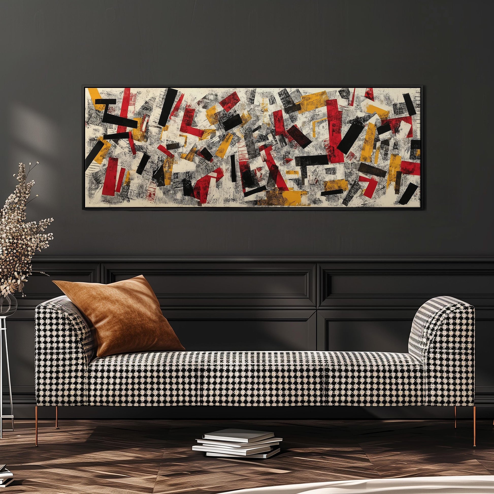 a modern living room with a black and white checkered sofa, a stack of books, and a large abstract painting hanging on the wall above the sofa.