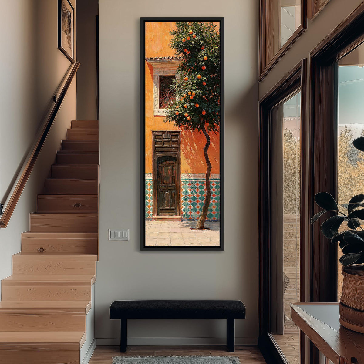 Orange tree beside a carved courtyard door tall narrow canvas print beside a staircase in an entryway