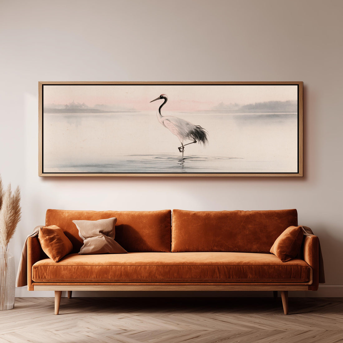 Red-crowned crane wading in misty water long horizontal canvas print above a sofa in a living room