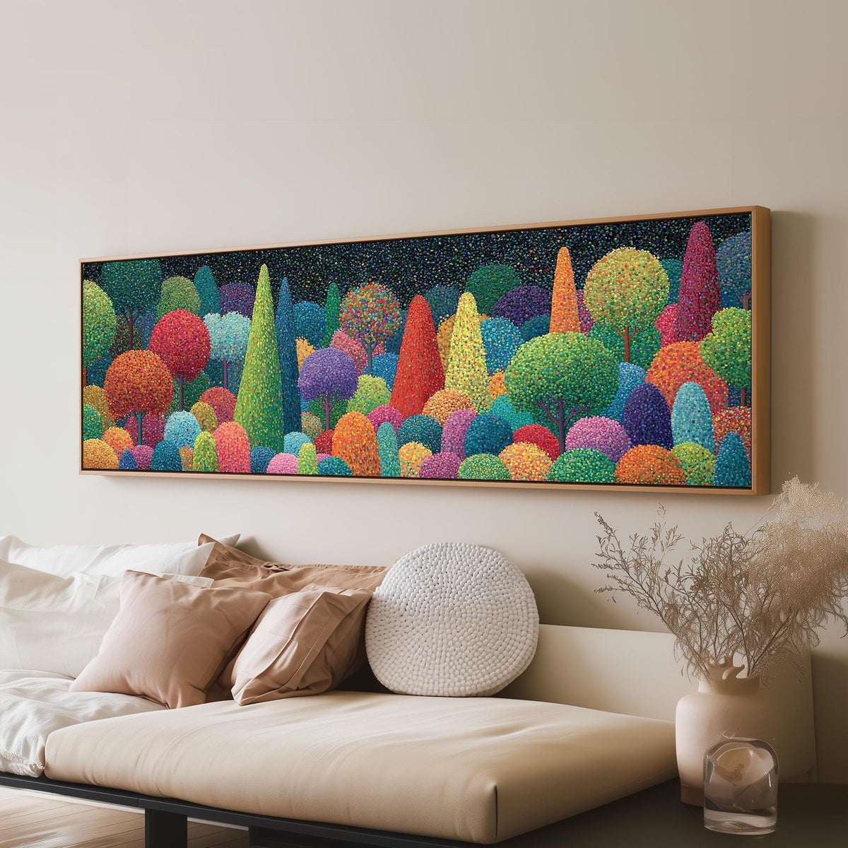 Whimsical rainbow pointillist forest long horizontal canvas print above a sofa in a living room