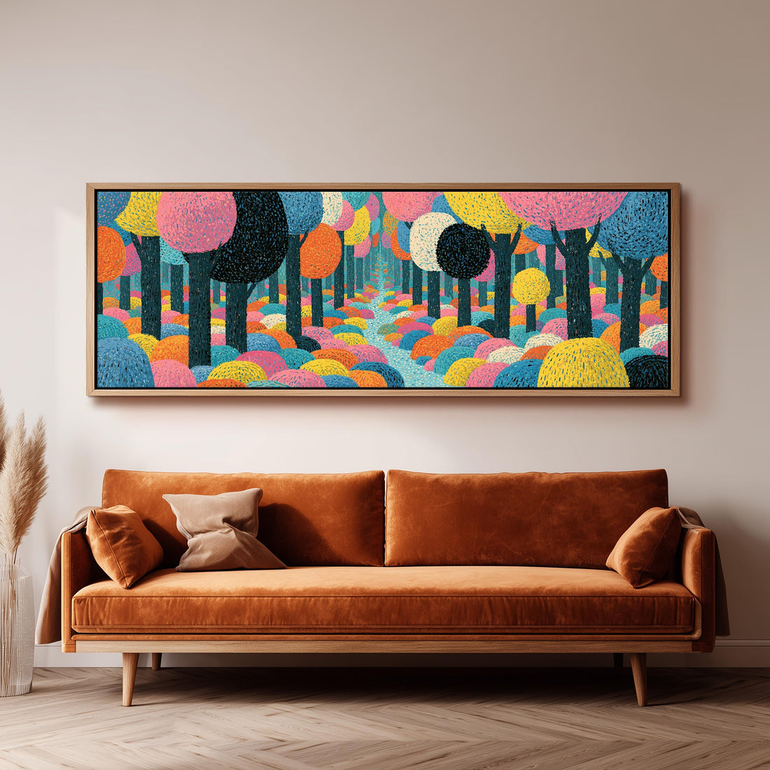 Bold circle tree forest long horizontal canvas print above a sofa in a living room