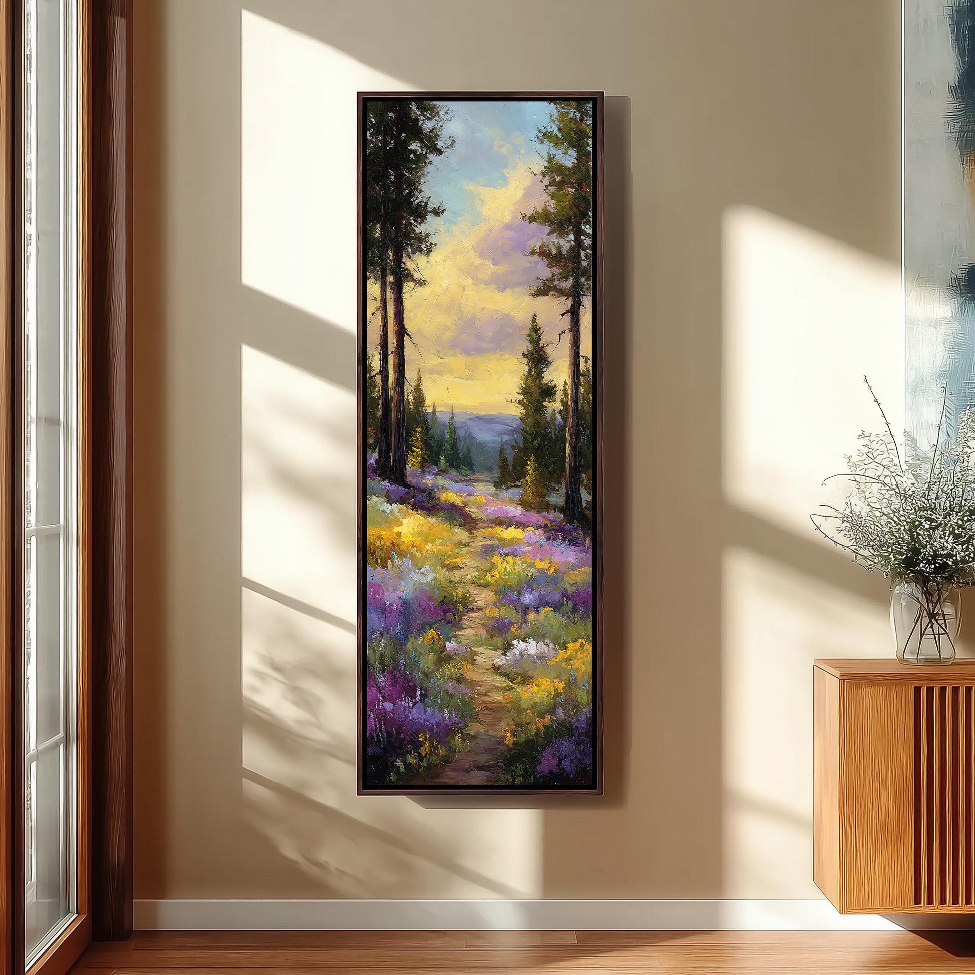 a large, framed painting of a colorful, vibrant forest scene hanging on a wall.