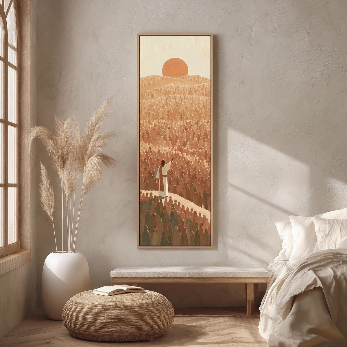 Jesus facing a crowd under a desert sunset long vertical canvas print in a bright reading corner