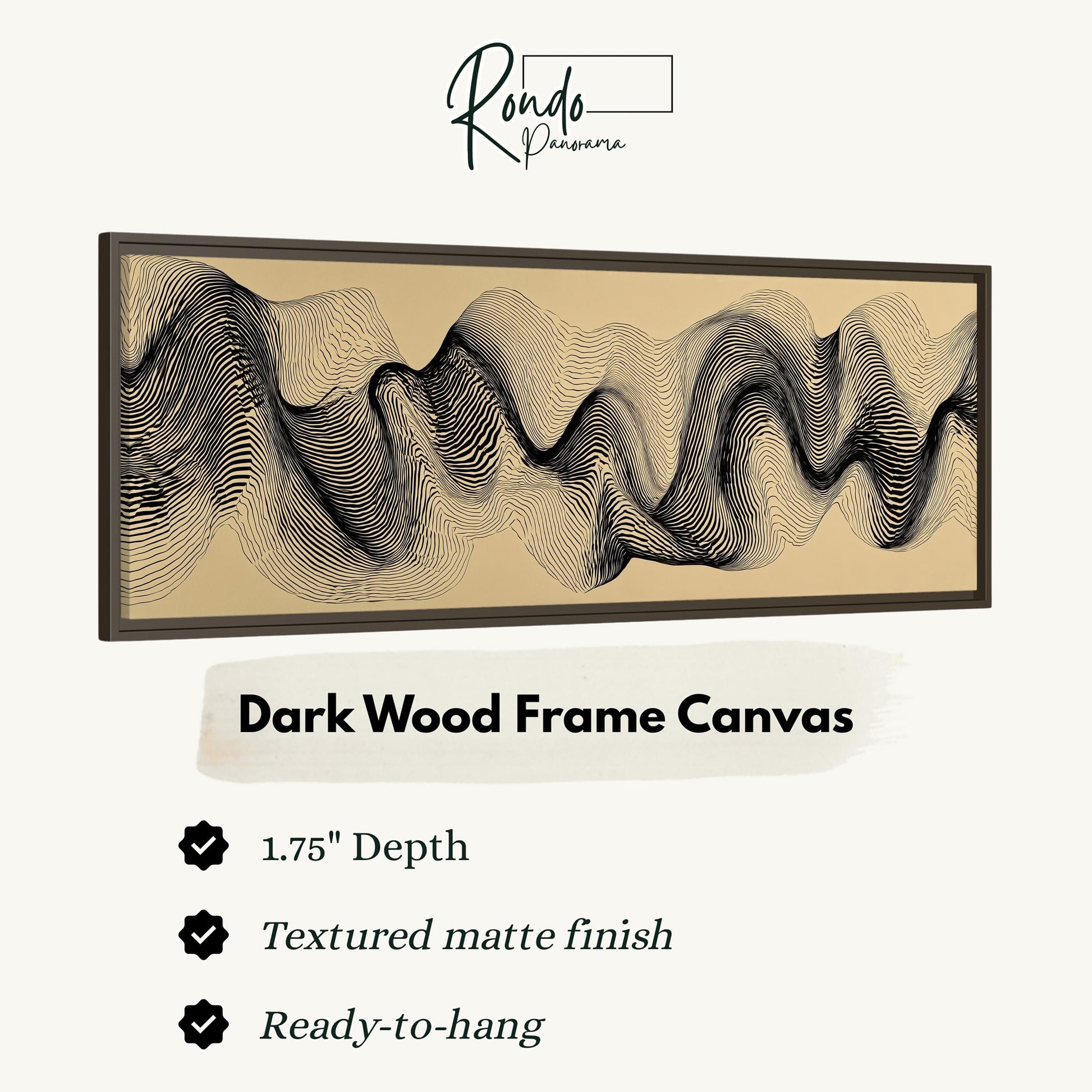 a dark wood frame canvas with a wave-like pattern, and it is described as a 1.75" depth canvas with a textured matte finish and a ready-to-hang feature.