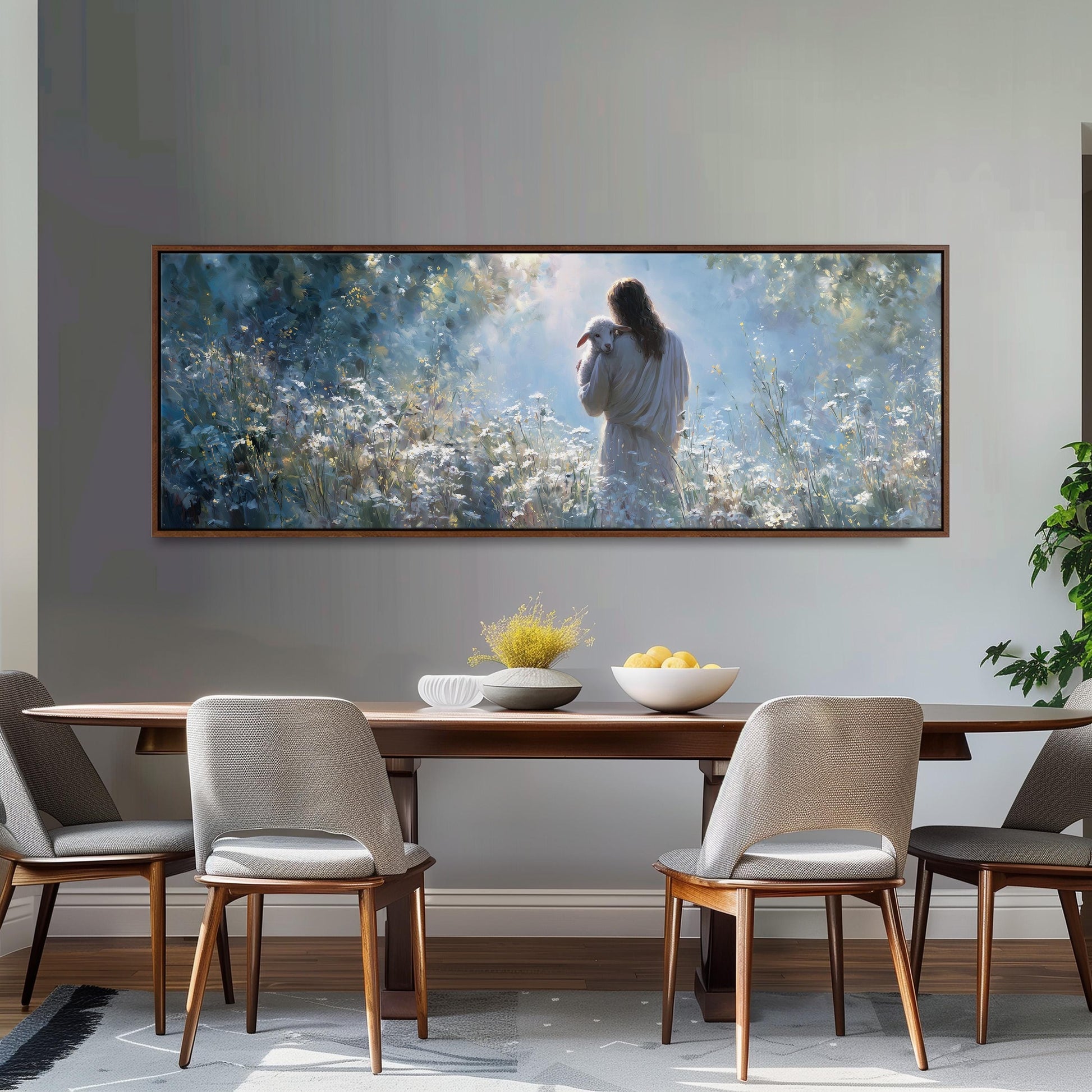 a large painting of a woman standing in a field of flowers, with a bowl of fruit and a vase of flowers on the table in front of her.