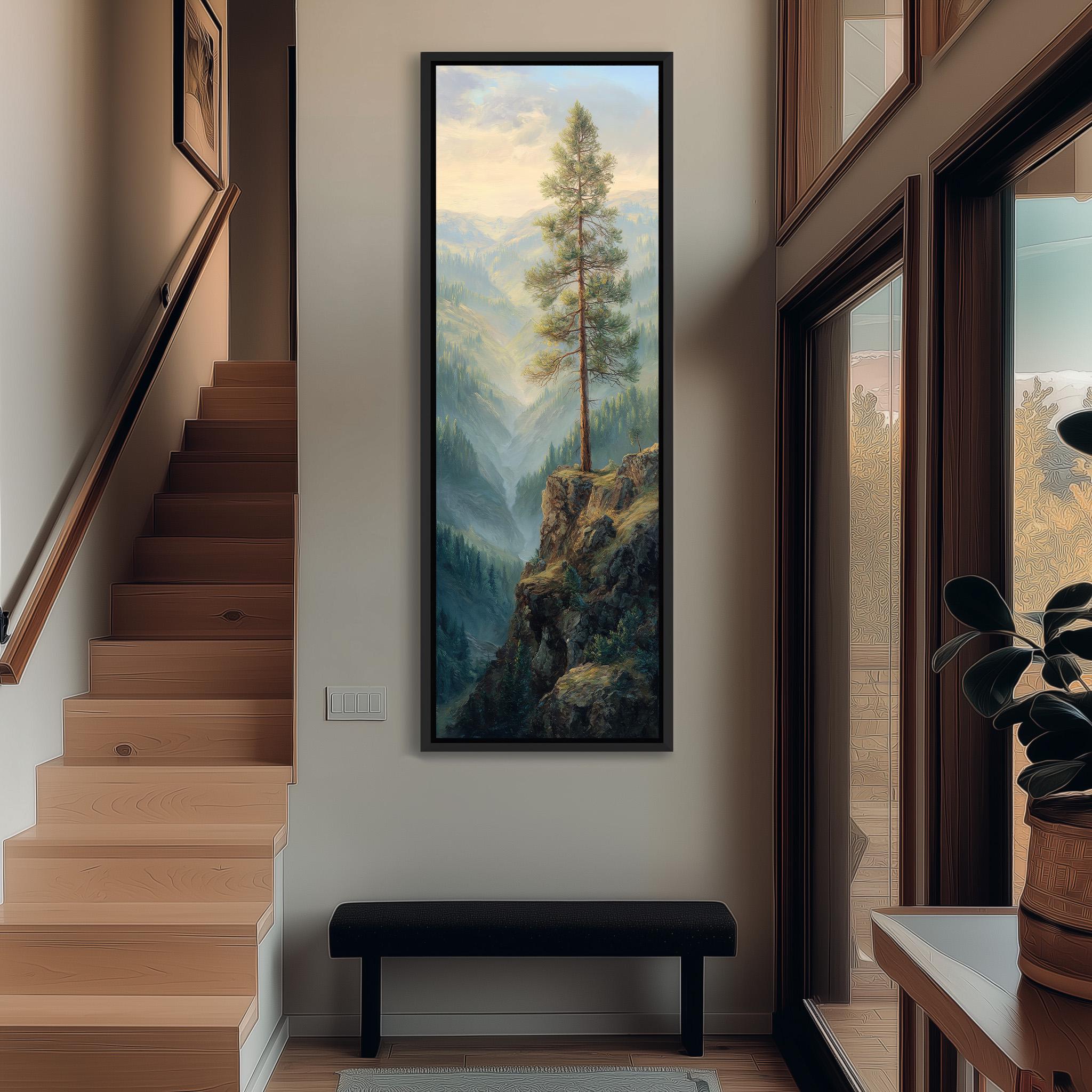 a large painting of a tall tree on a wall, with a wooden staircase and a bench in the foreground.
