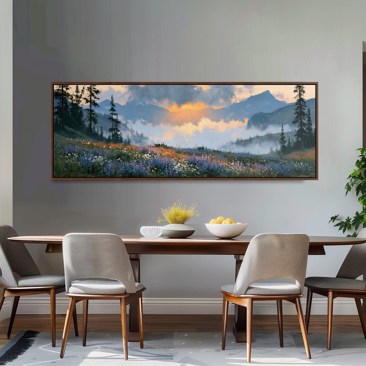 Alpine wildflower meadow at sunset long horizontal canvas print above a dining table