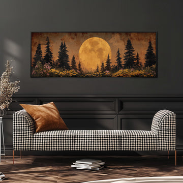 a large, framed painting of a nighttime landscape with a full moon and pine trees, hanging on a wall above a black and white checkered sofa.