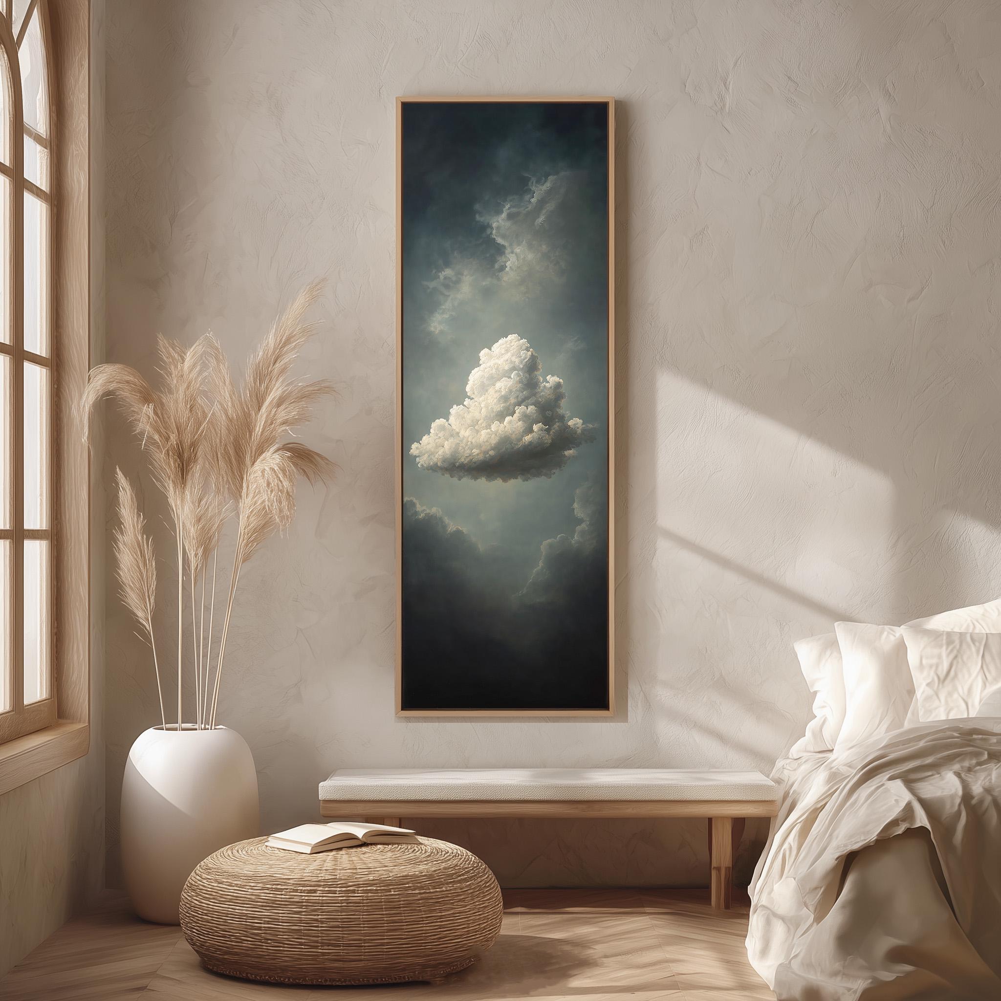 a serene bedroom scene with a large painting of a cloud hanging on the wall, a white bed with a white pillow, a white vase with tall potted plants, and a woven ottoman with a book on it.