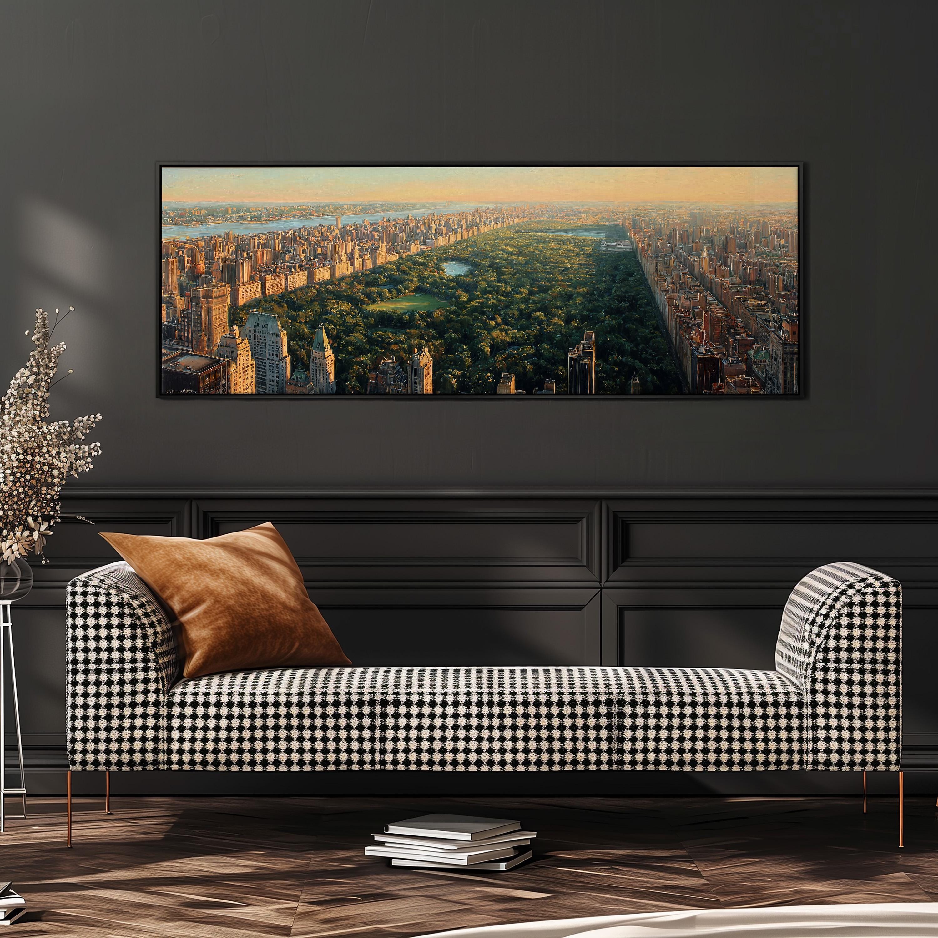 a large, framed painting of a cityscape with a park in the foreground, hanging on a wall above a black and white checkered sofa.