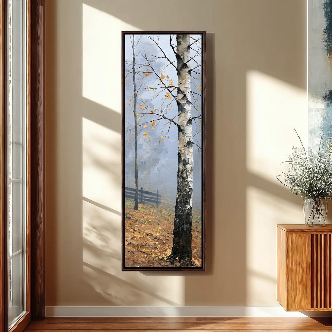 Autumn birch tree by a wooden fence long vertical canvas print in a sunlit living space