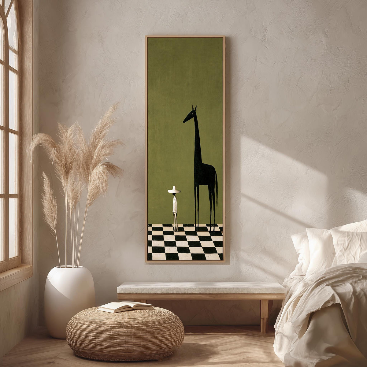 Towering black horse beside a tiny figure long vertical canvas print in a bright reading corner