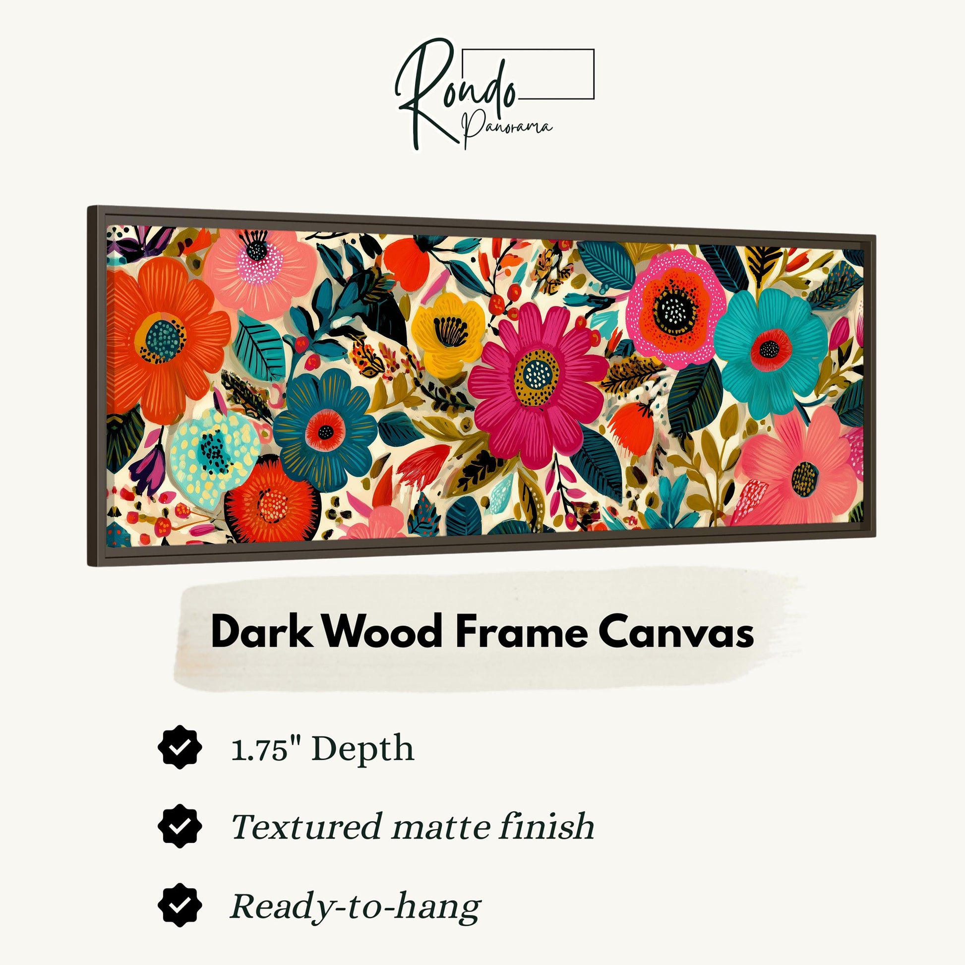 The image is a framed canvas featuring a vibrant floral design with various colors and textures.