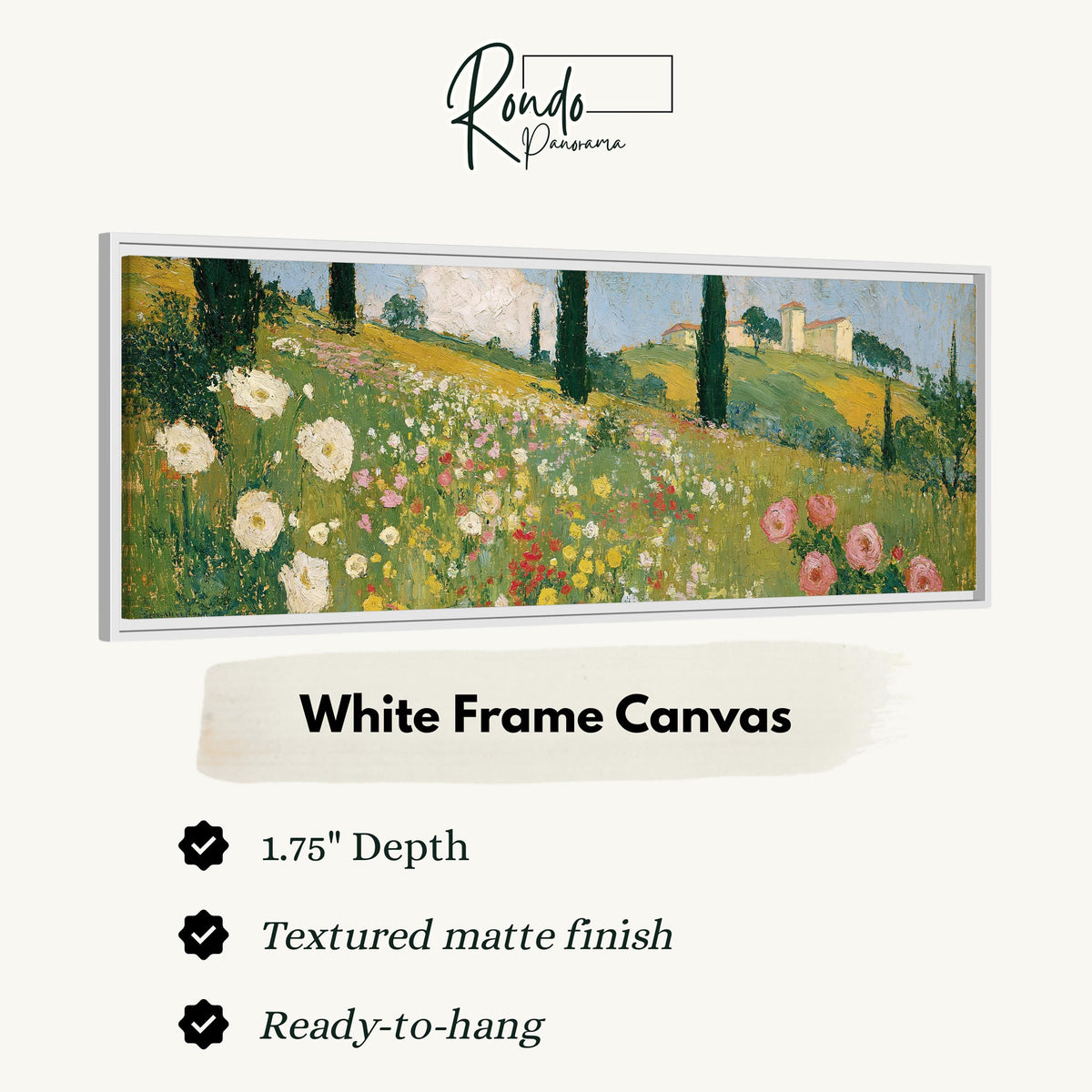 Tuscan wildflower hillside with cypress trees canvas print in a white floating frame