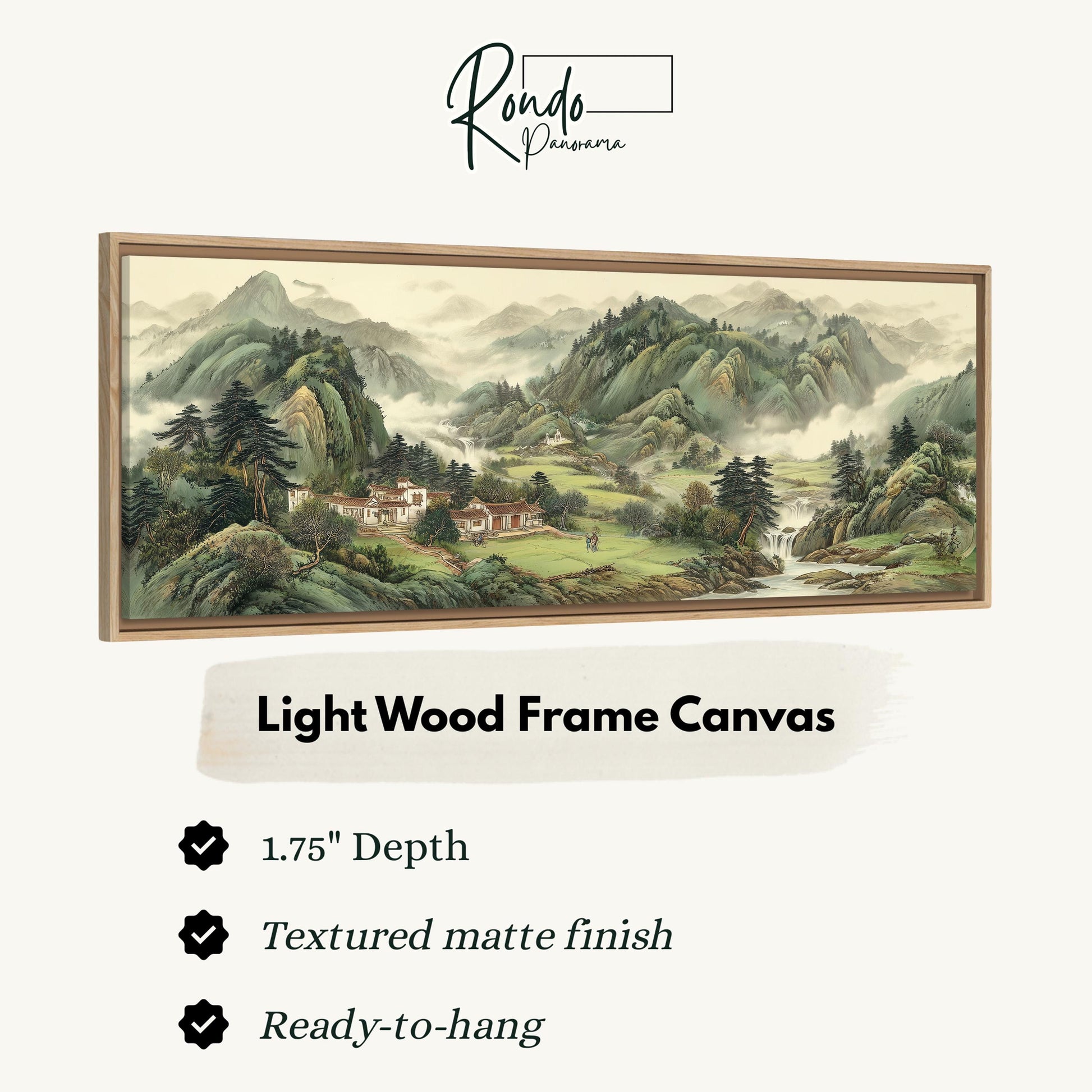 The image is a framed landscape painting depicting a serene mountain scene with a village nestled in the valley below.